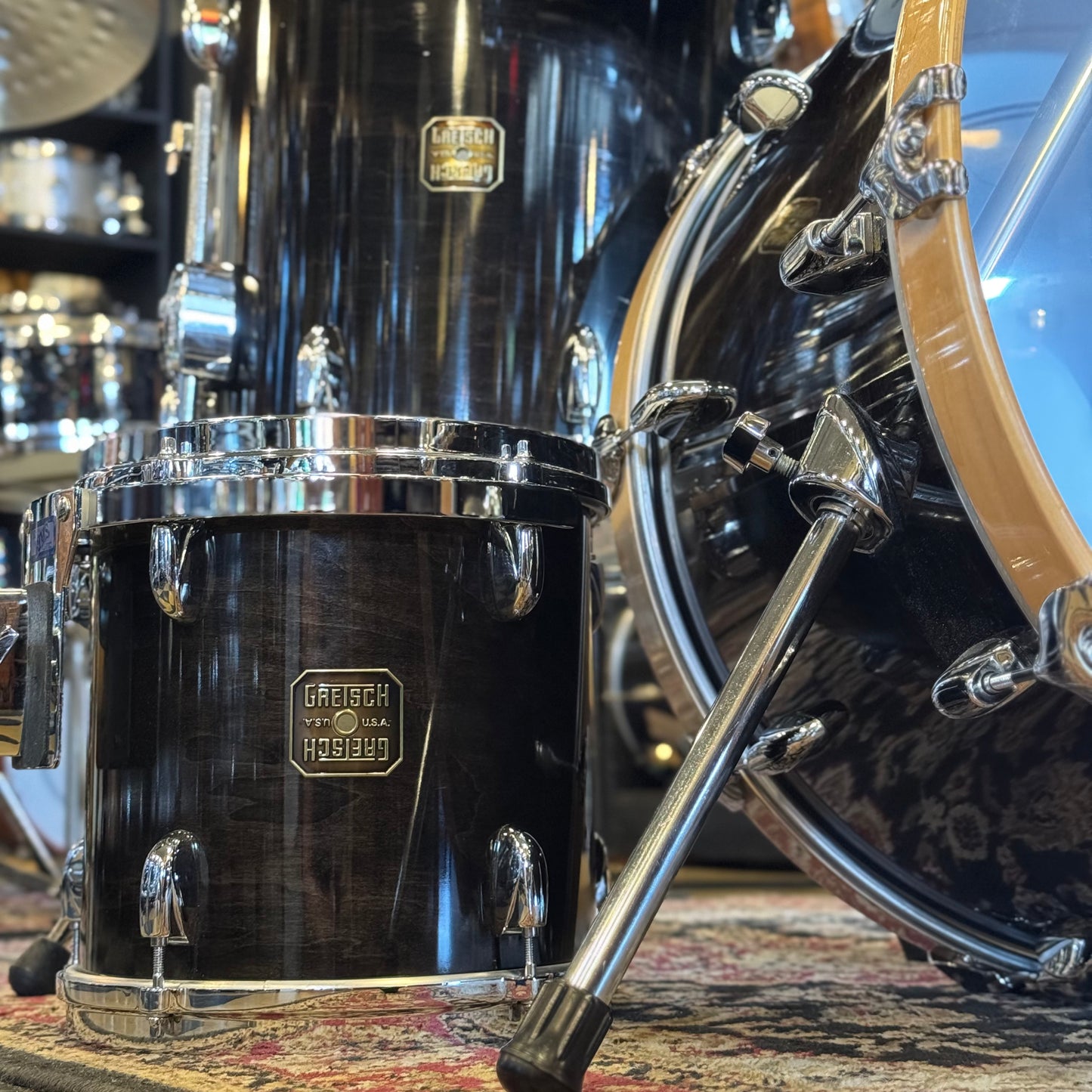 VINTAGE 1980's Gretsch Square Badge Factory Original Drum Set in Gloss Ebony - 16x22, 10x10, 10x12, 11x13, 16x16