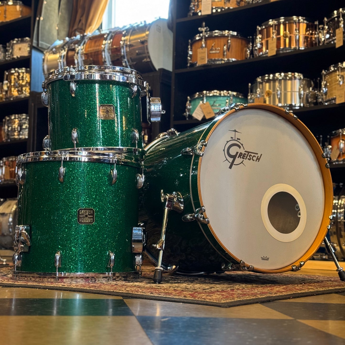 USED 1990's Gretsch Square Badge USA Custom in Green Sparkle - 18x20, 10x12, 14x15
