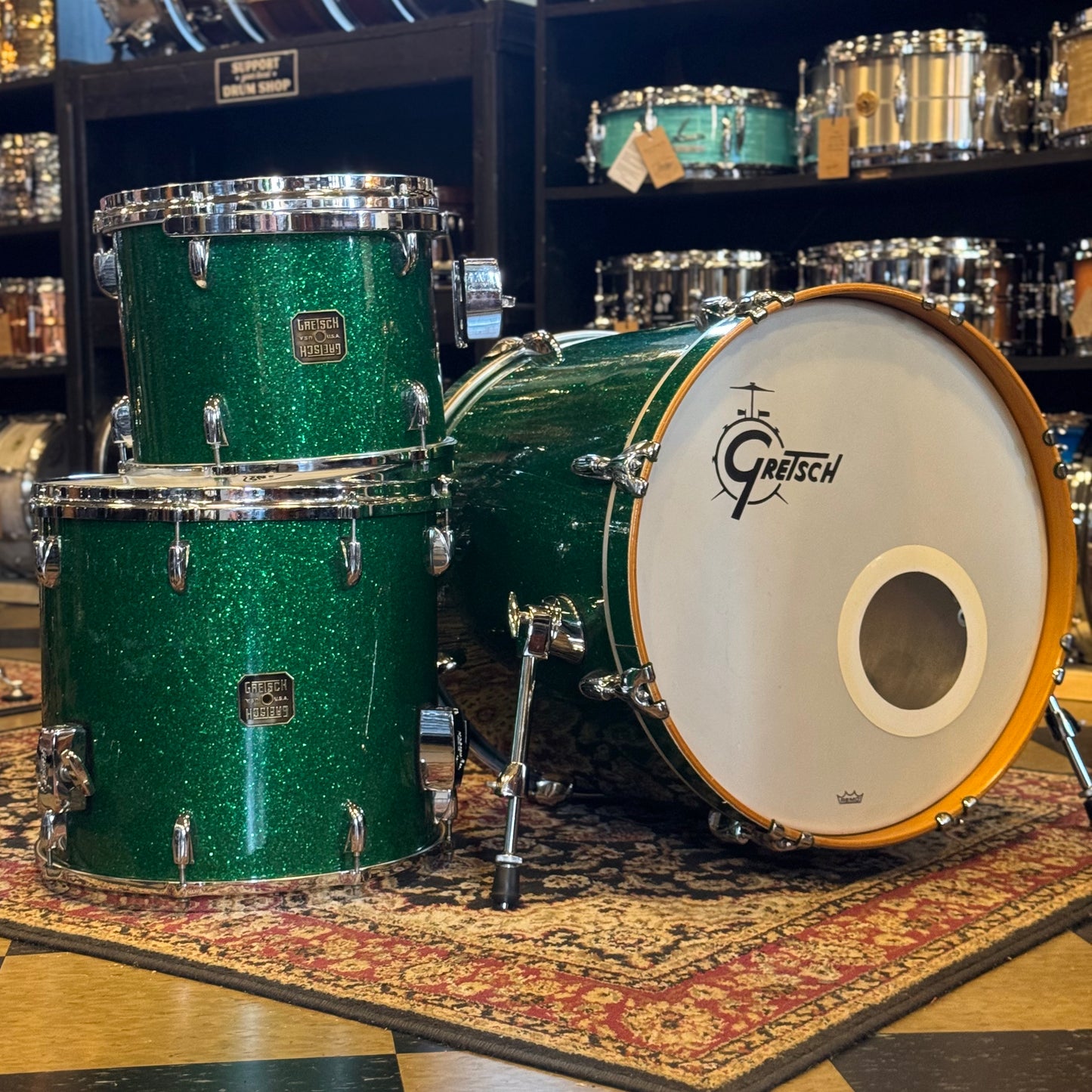 USED 1990's Gretsch Square Badge USA Custom in Green Sparkle - 18x20, 10x12, 14x15