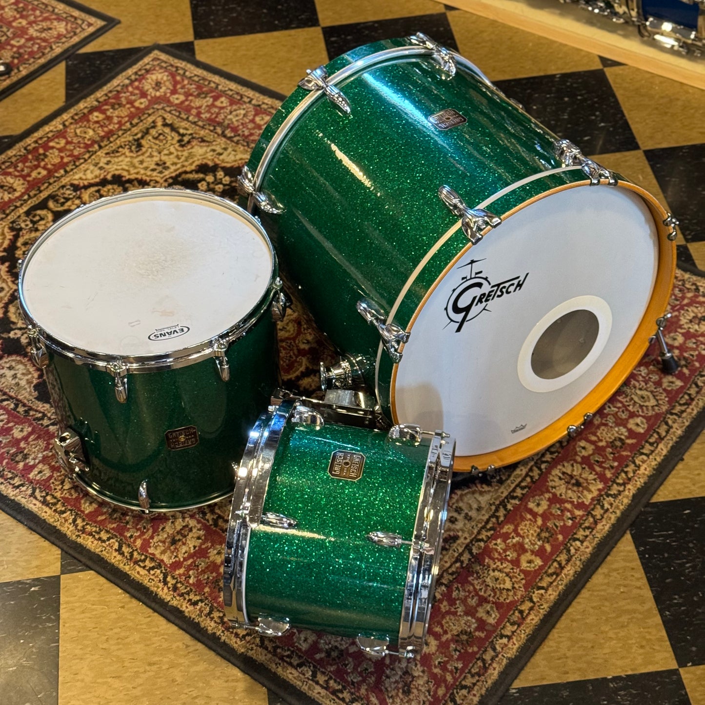 USED 1990's Gretsch Square Badge USA Custom in Green Sparkle - 18x20, 10x12, 14x15