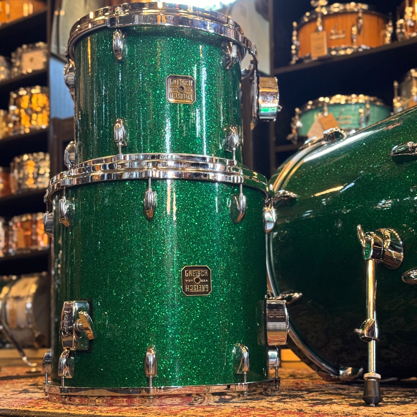 USED 1990's Gretsch Square Badge USA Custom in Green Sparkle - 18x20, 10x12, 14x15