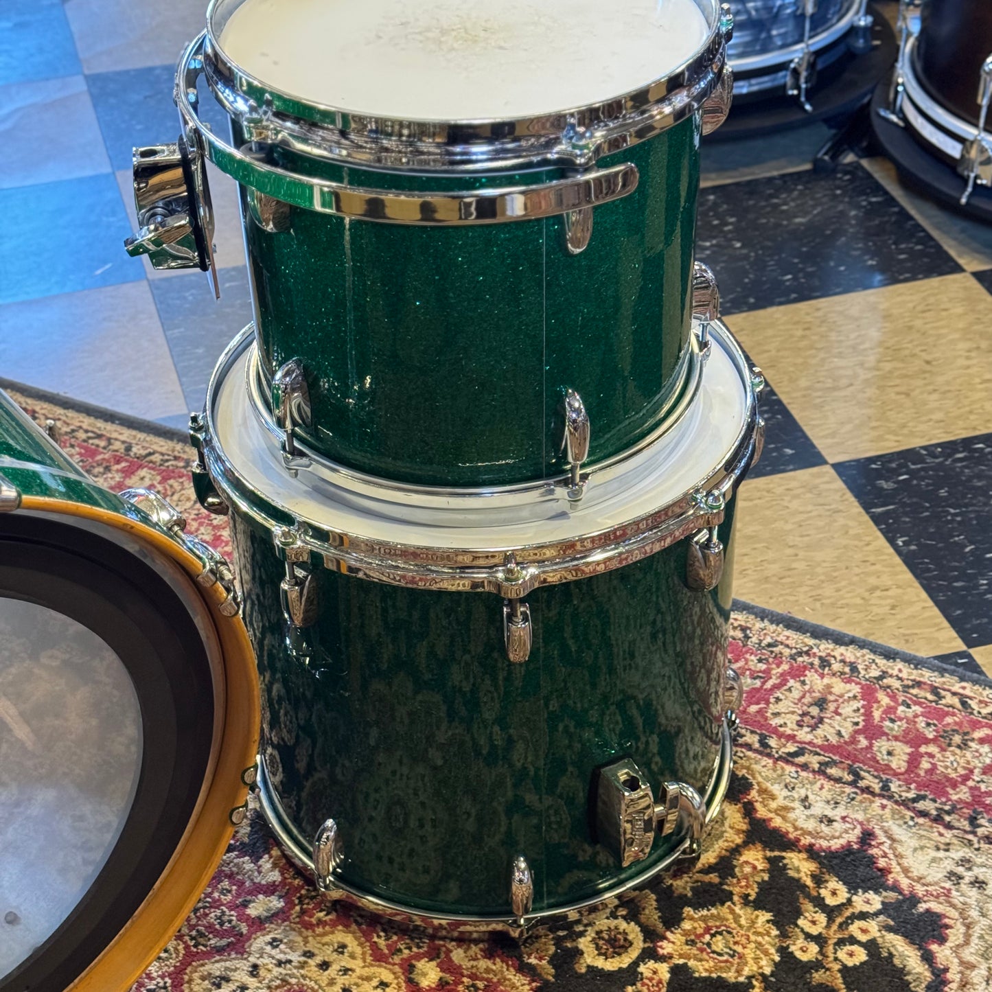 USED 1990's Gretsch Square Badge USA Custom in Green Sparkle - 18x20, 10x12, 14x15