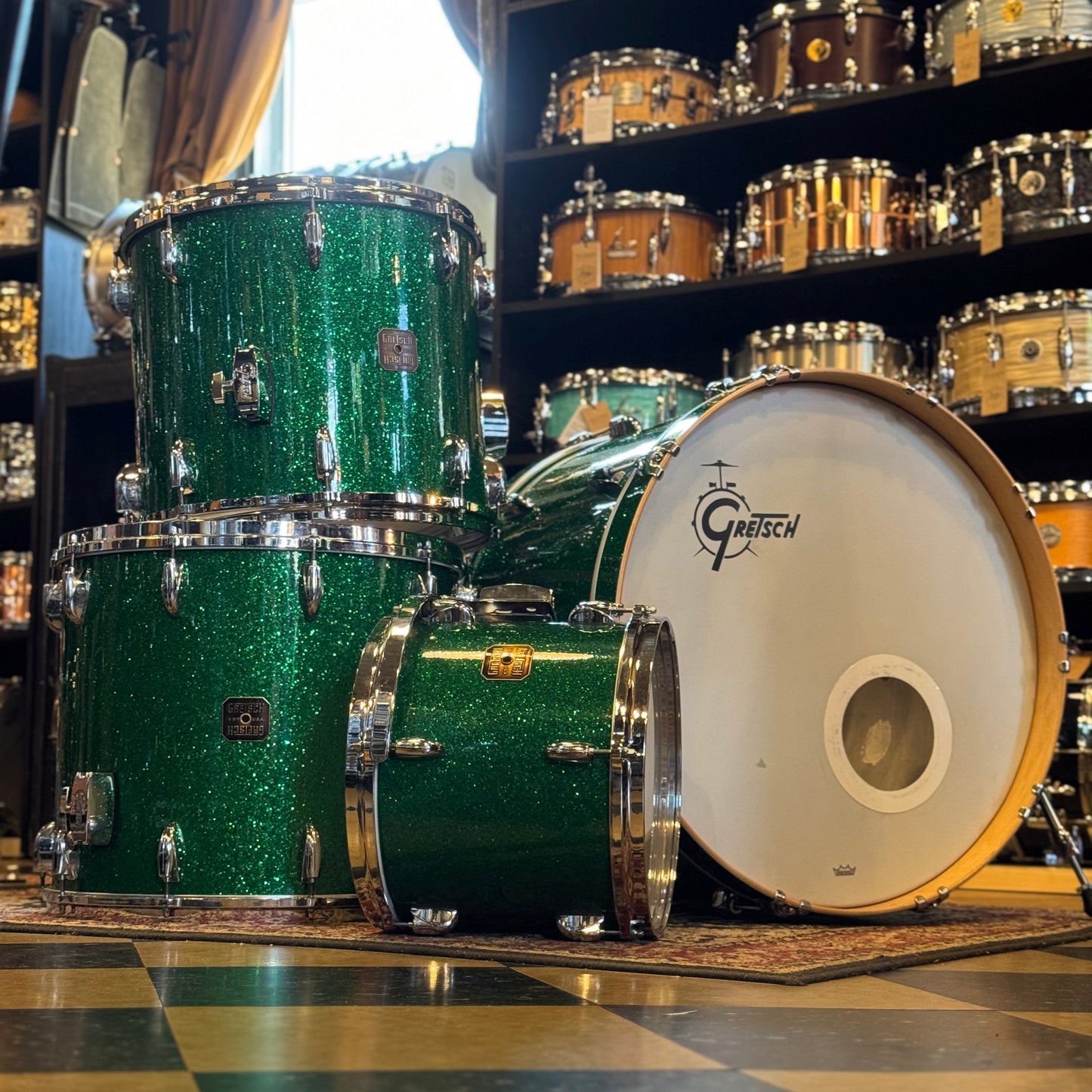 USED 1990's Gretsch Square Badge USA Custom in Green Sparkle - 16x24, 11x13, 16x16, 16x18