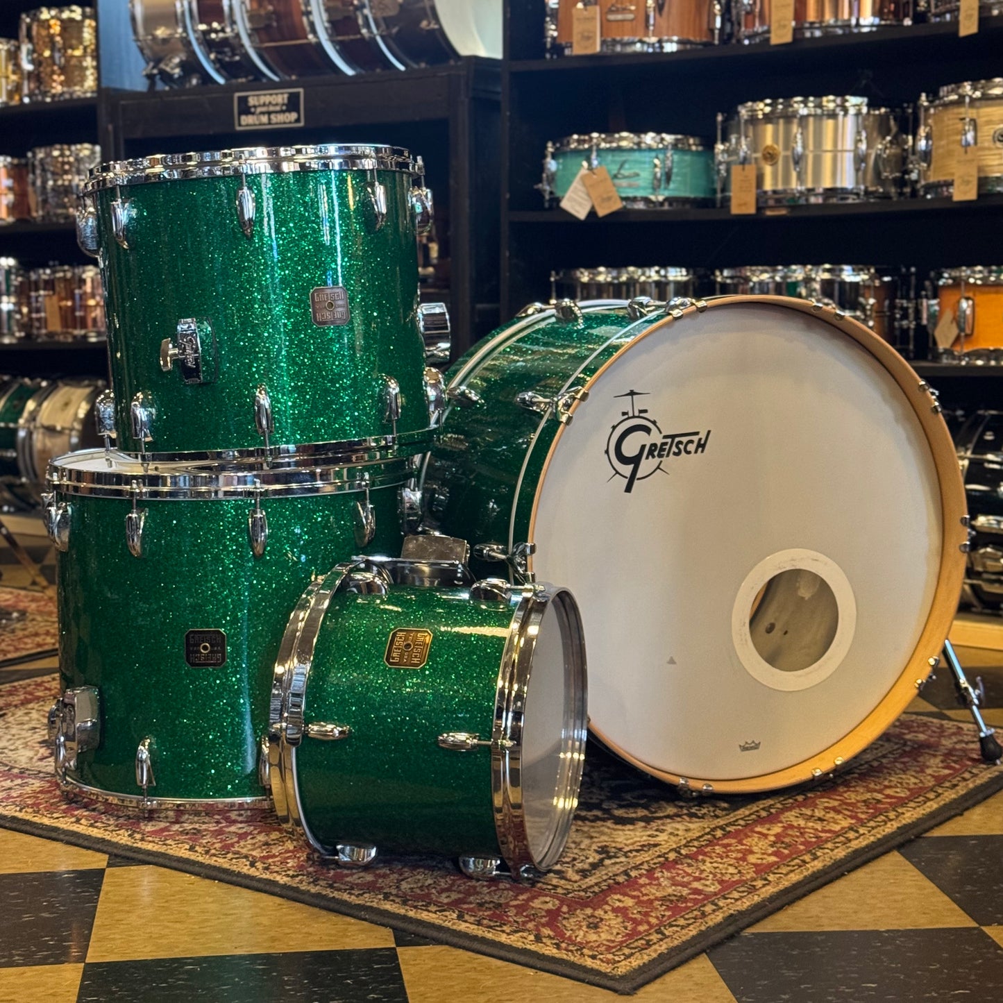 USED 1990's Gretsch Square Badge USA Custom in Green Sparkle - 16x24, 11x13, 16x16, 16x18