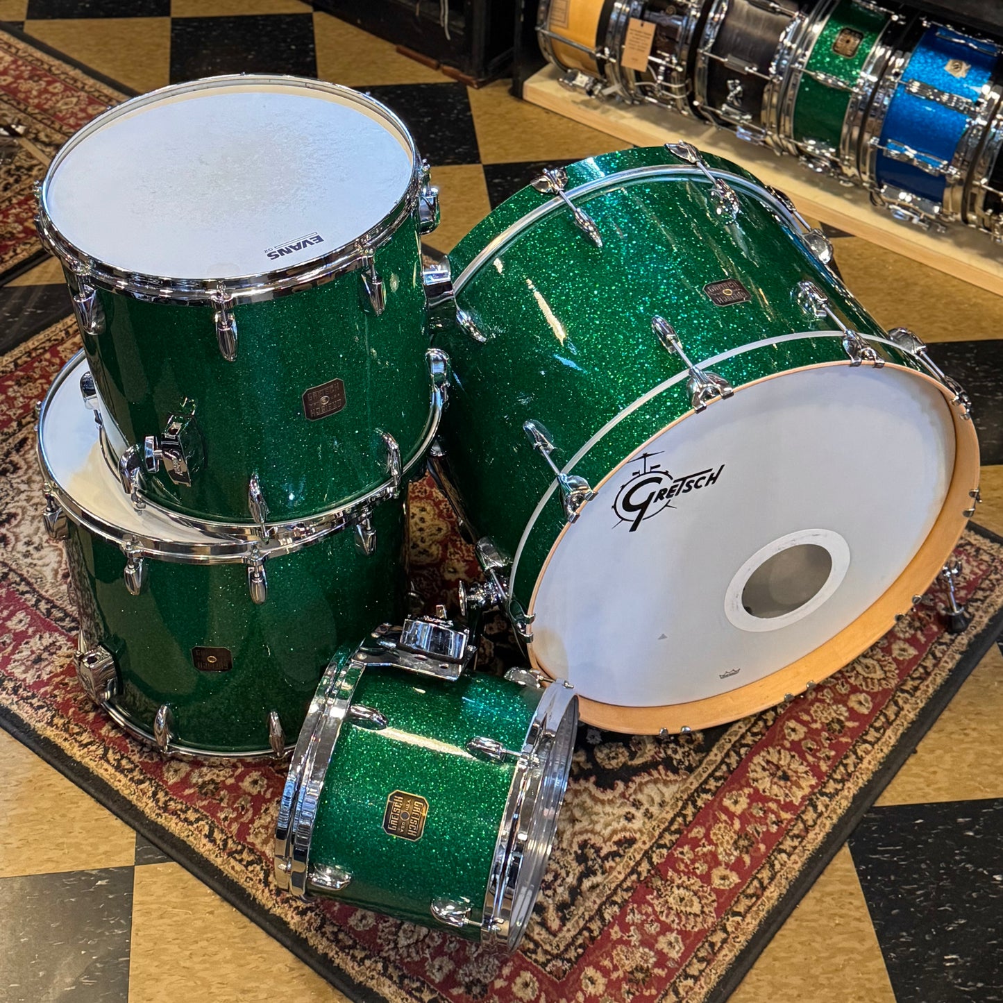 USED 1990's Gretsch Square Badge USA Custom in Green Sparkle - 16x24, 11x13, 16x16, 16x18