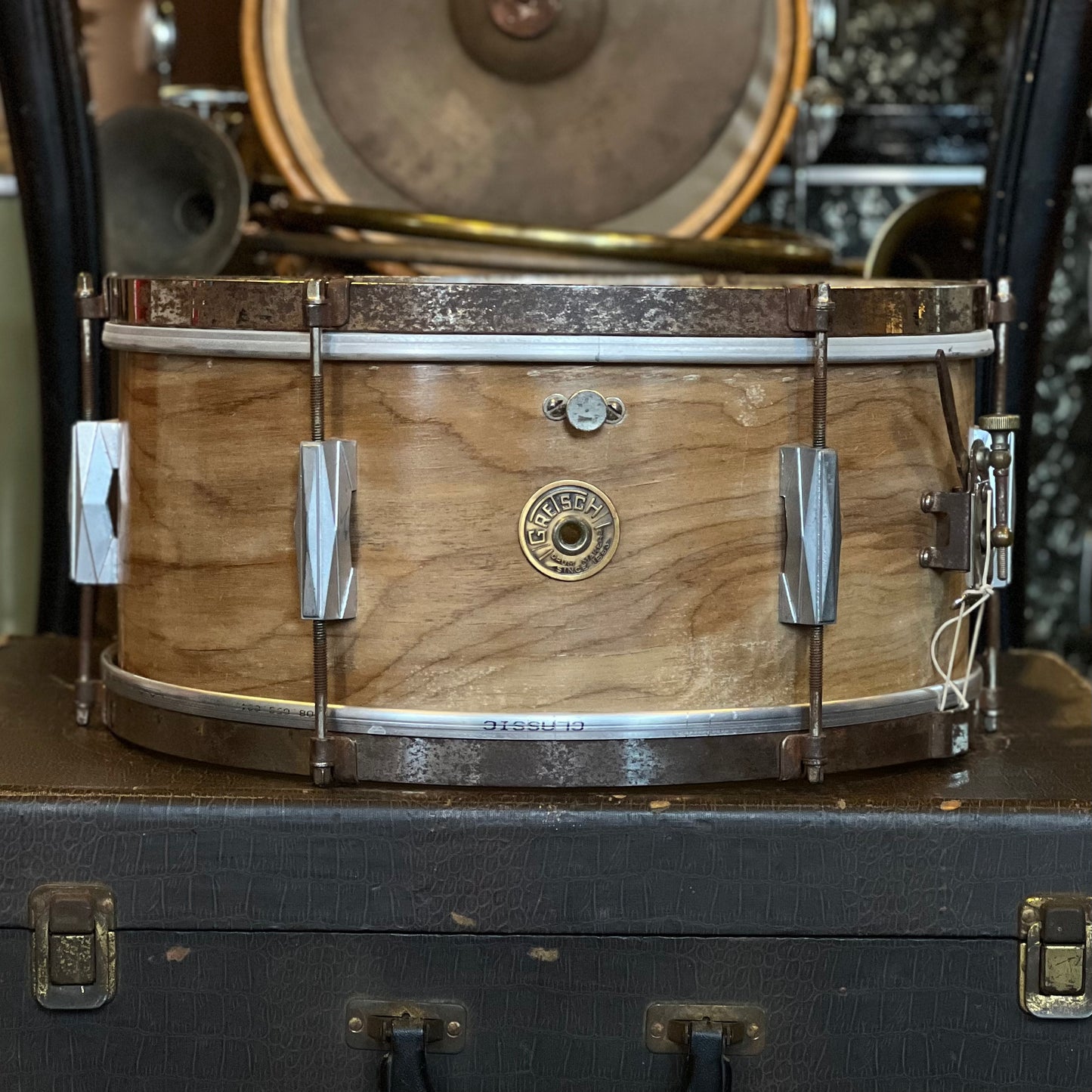 VINTAGE 1940's Gretsch 6.5x14 Broadkaster "Rocket Lug" Economy Model 6-Lug Snare Drum in Water Dip Wood Finish