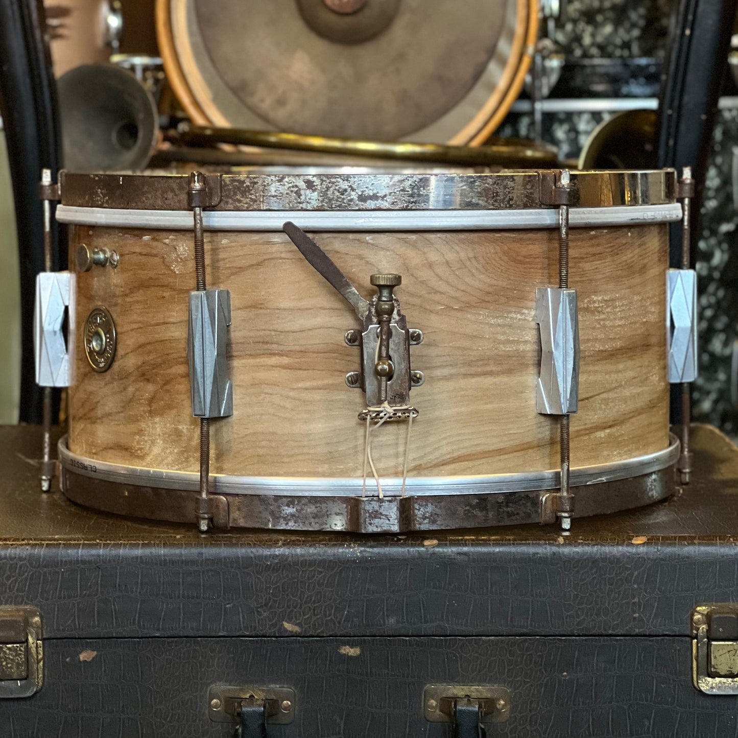 VINTAGE 1940's Gretsch 6.5x14 Broadkaster "Rocket Lug" Economy Model 6-Lug Snare Drum in Water Dip Wood Finish