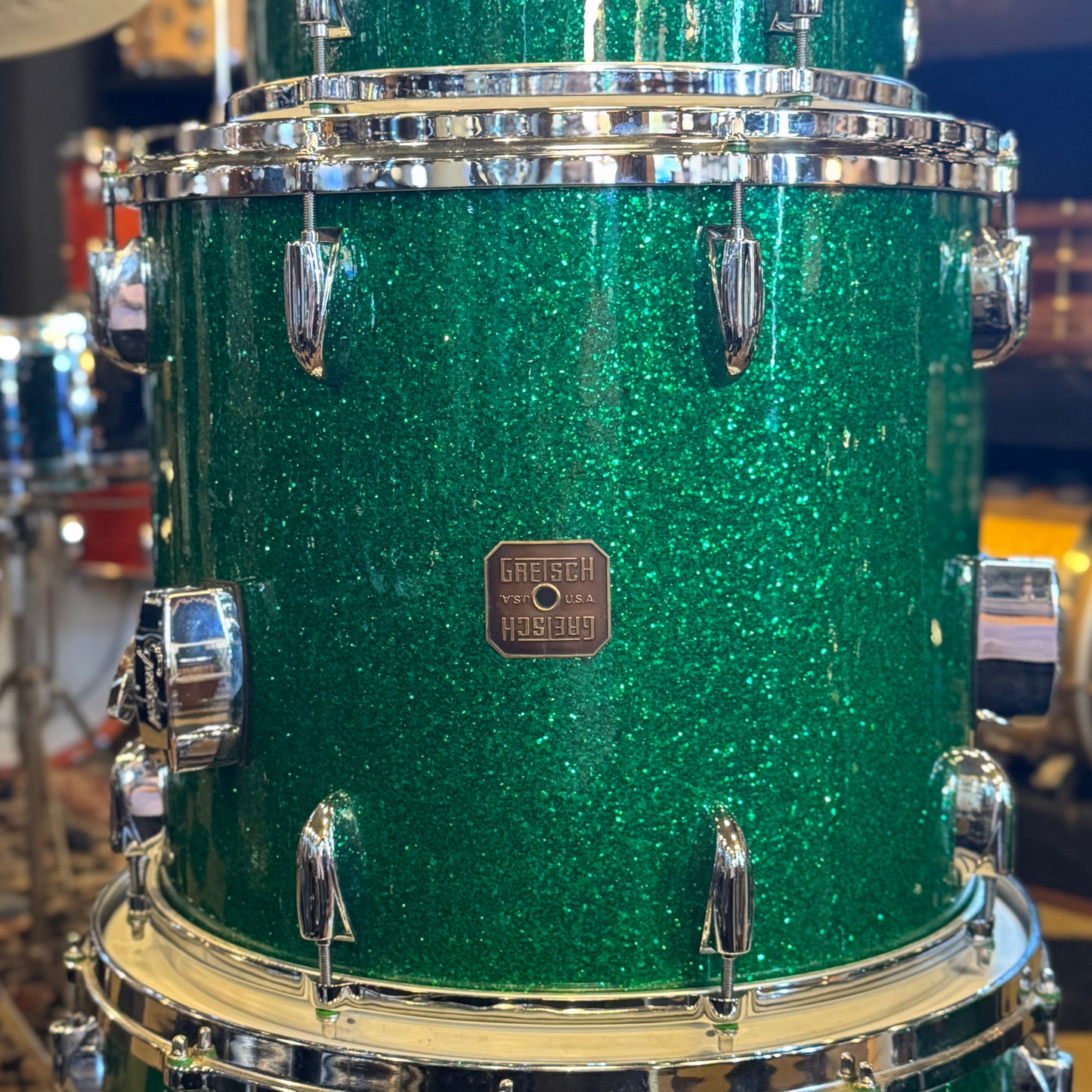USED 1990's Gretsch Square Badge USA Custom in Green Sparkle - 16x24, 11x13, 16x16, 16x18