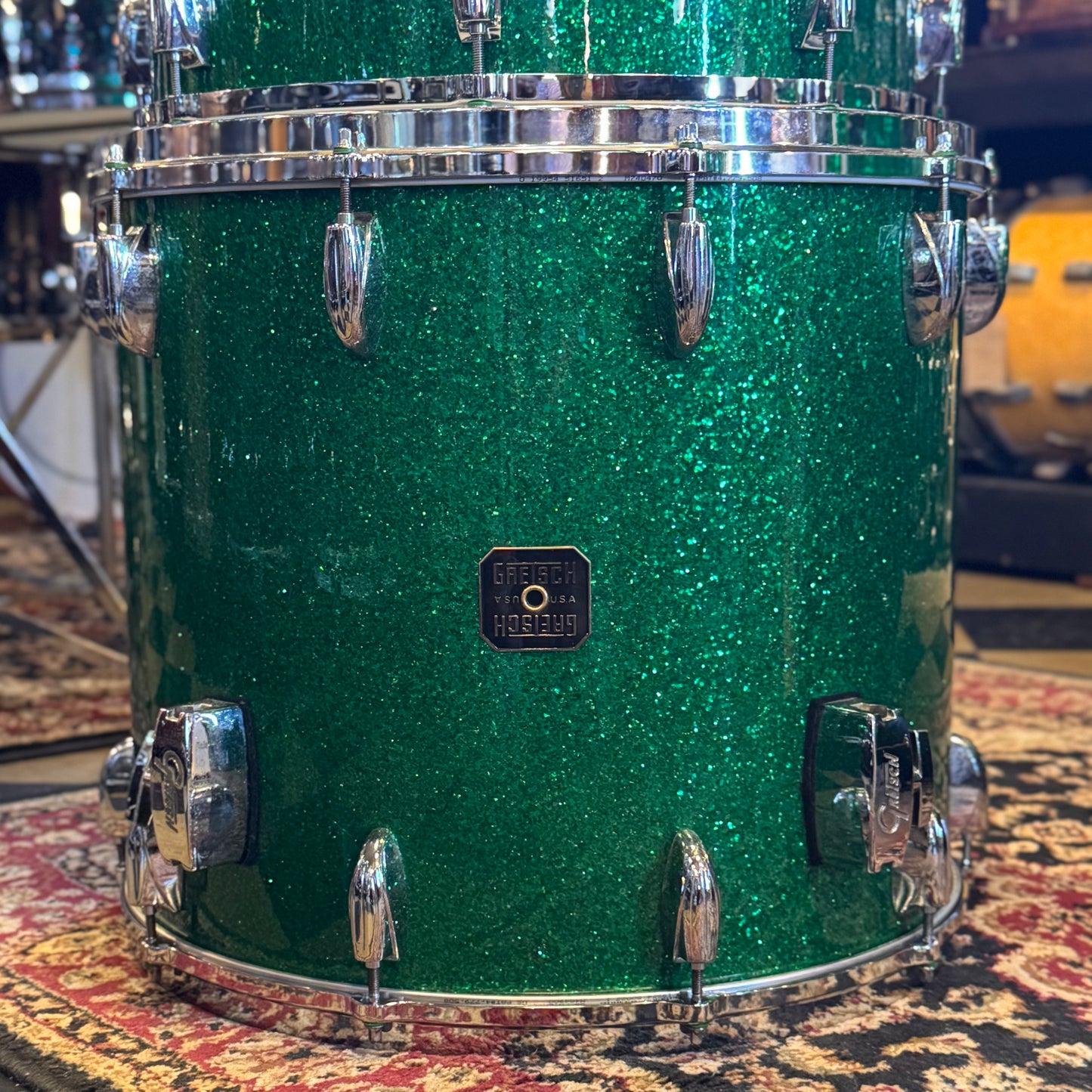 USED 1990's Gretsch Square Badge USA Custom in Green Sparkle - 16x24, 11x13, 16x16, 16x18