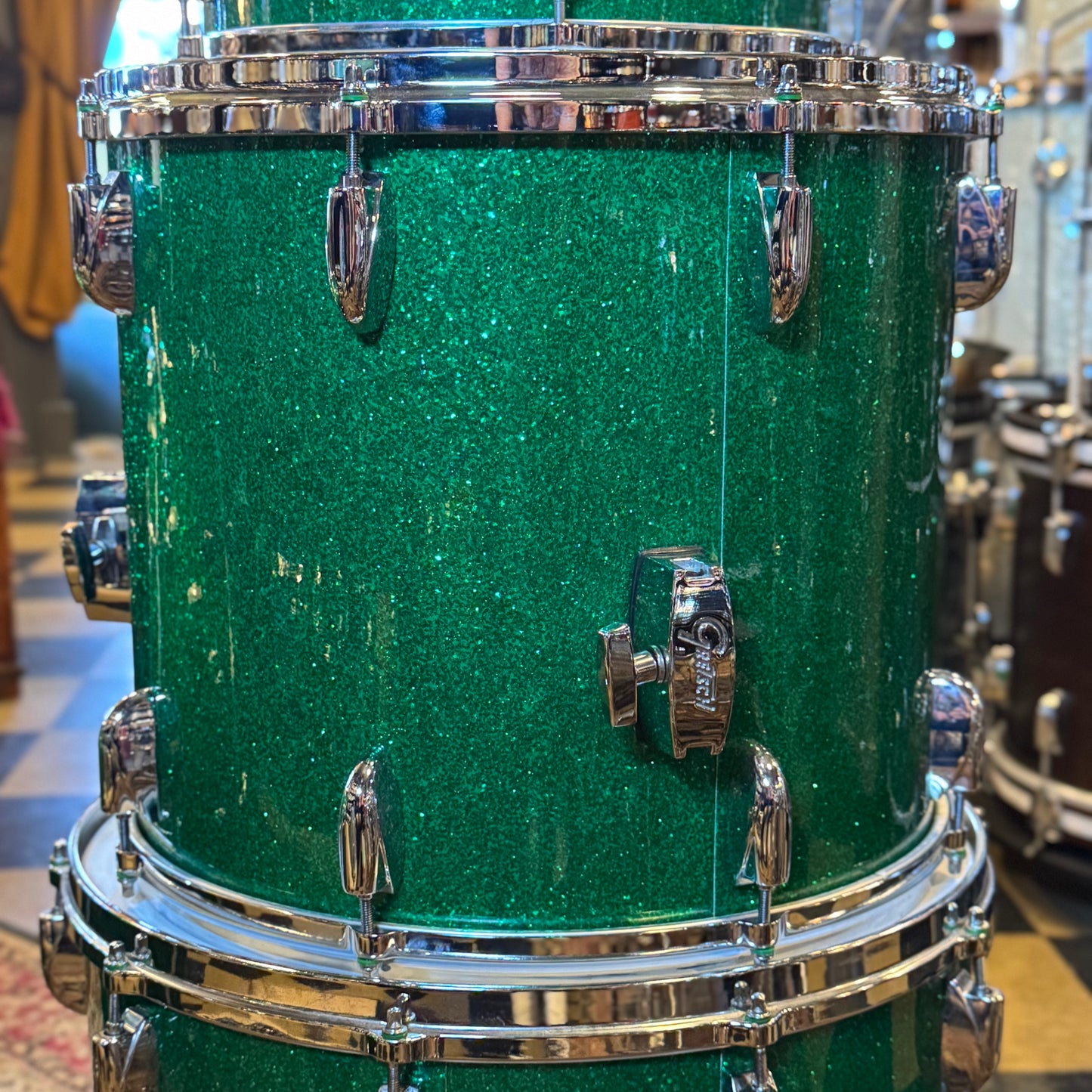 USED 1990's Gretsch Square Badge USA Custom in Green Sparkle - 16x24, 11x13, 16x16, 16x18