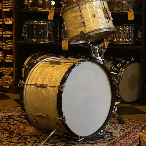 VINTAGE 1958-59 Ludwig Transition Badge Club Date Two Piece in White Marine Pearl -14x20, 9x13