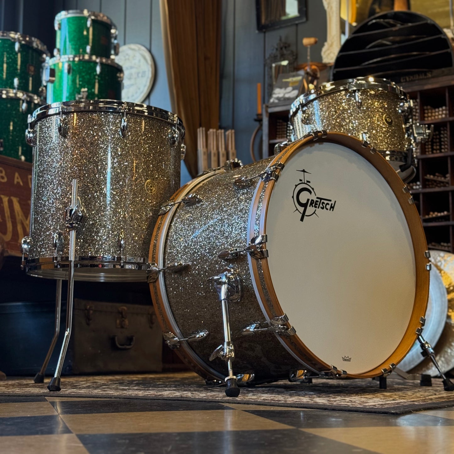 NEW Gretsch USA Custom in Ginger Glass Glitter w/ Satin Classic Maple Bass Drum Hoops - 14x22, 9x13, 16x16