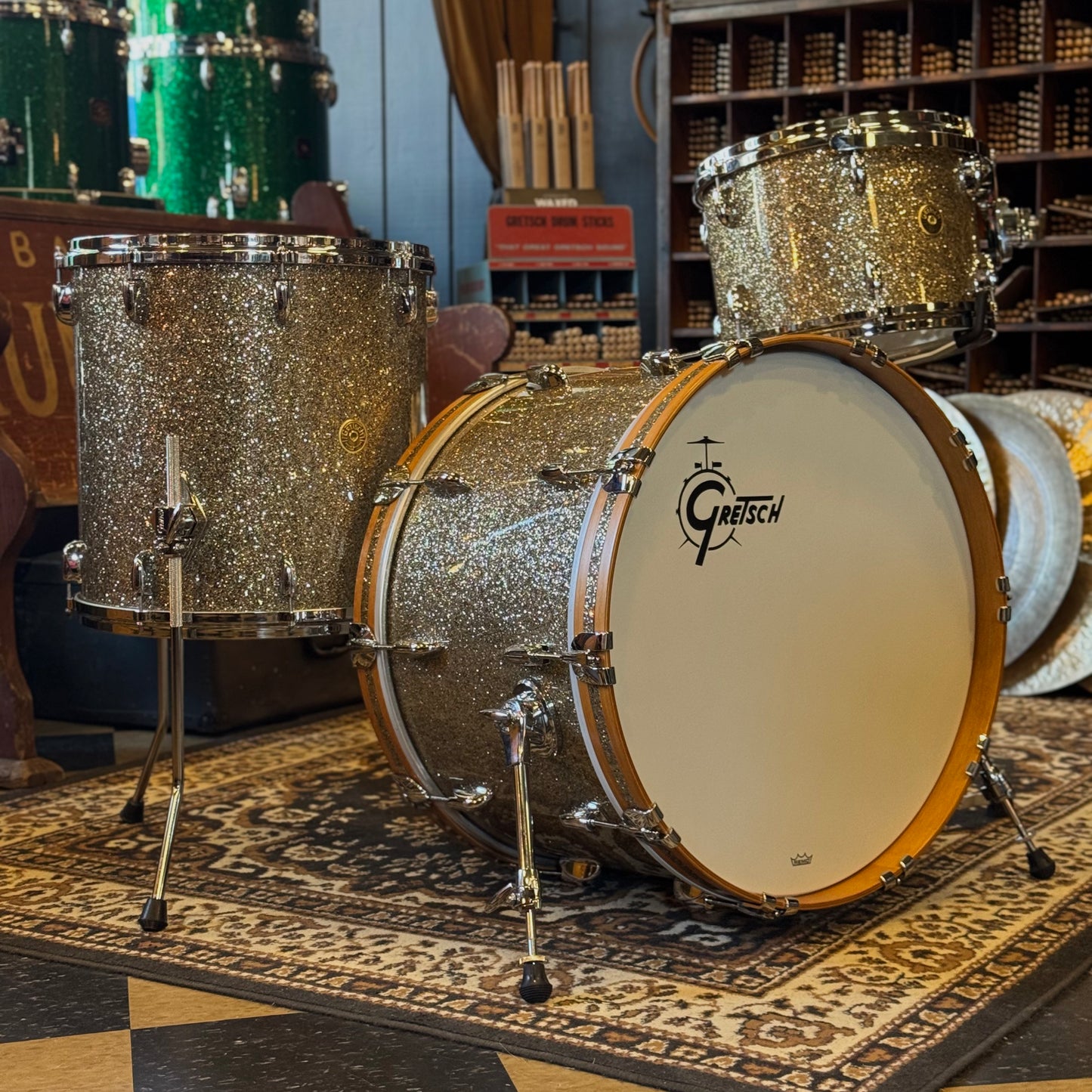 NEW Gretsch USA Custom in Ginger Glass Glitter w/ Satin Classic Maple Bass Drum Hoops - 14x22, 9x13, 16x16