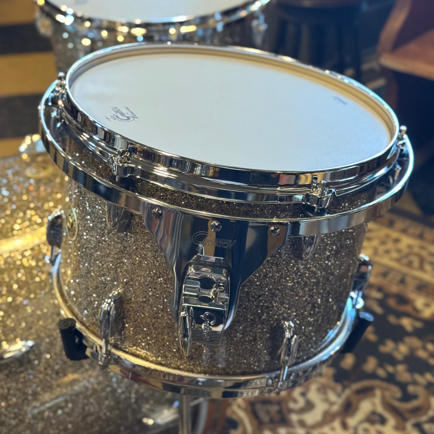 NEW Gretsch USA Custom in Ginger Glass Glitter w/ Satin Classic Maple Bass Drum Hoops - 14x22, 9x13, 16x16