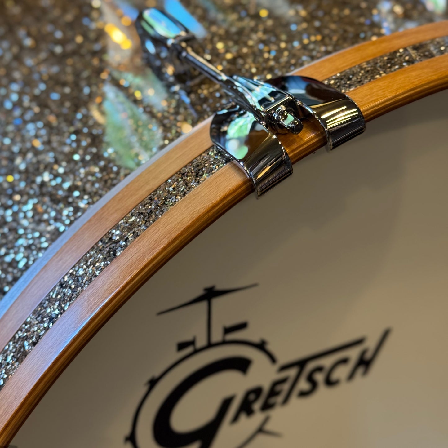 NEW Gretsch USA Custom in Ginger Glass Glitter w/ Satin Classic Maple Bass Drum Hoops - 14x22, 9x13, 16x16