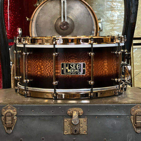 NEW SDB Drums 6.5x14 Lacewood Stave Snare Drum in Matte Burnt to Natural Burst w/ Rose Gold Tube Lugs & Single Flanged Hoops