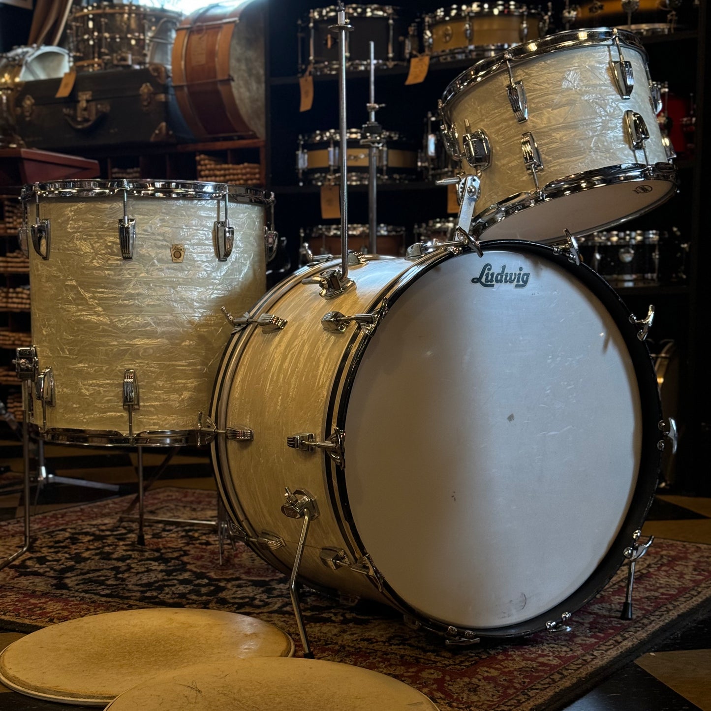 VINTAGE 1966 Ludwig Classic Outfit in White Marine Pearl - 14x22, 9x13, 16x16