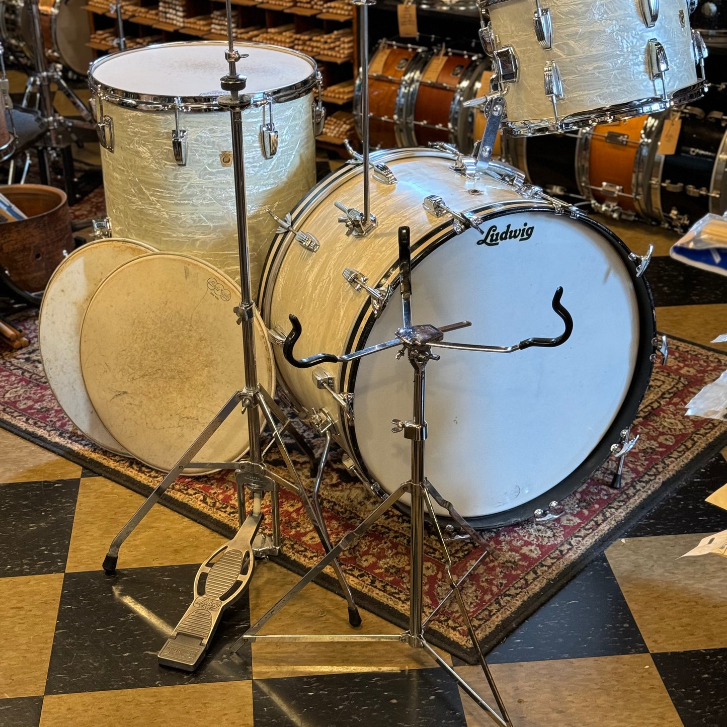 VINTAGE 1966 Ludwig Classic Outfit in White Marine Pearl - 14x22, 9x13, 16x16