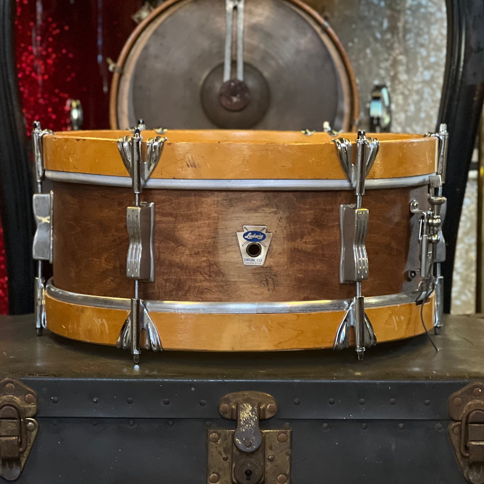 VINTAGE 1958-1959 Ludwig Transition Badge 5x14 6-Lug Pioneer in Natural Mahogany w/ Wood Hoops