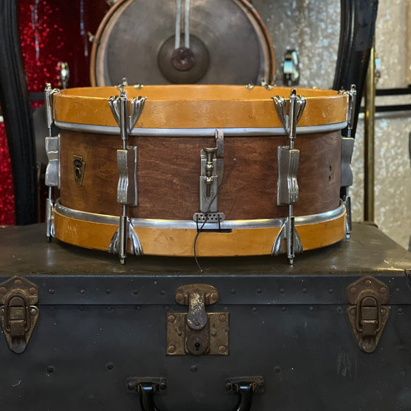 VINTAGE 1958-1959 Ludwig Transition Badge 5x14 6-Lug Pioneer in Natural Mahogany w/ Wood Hoops