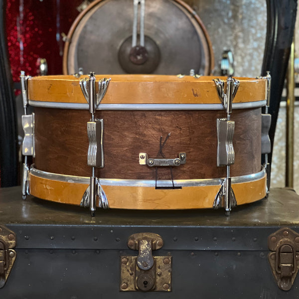 VINTAGE 1958-1959 Ludwig Transition Badge 5x14 6-Lug Pioneer in Natural Mahogany w/ Wood Hoops