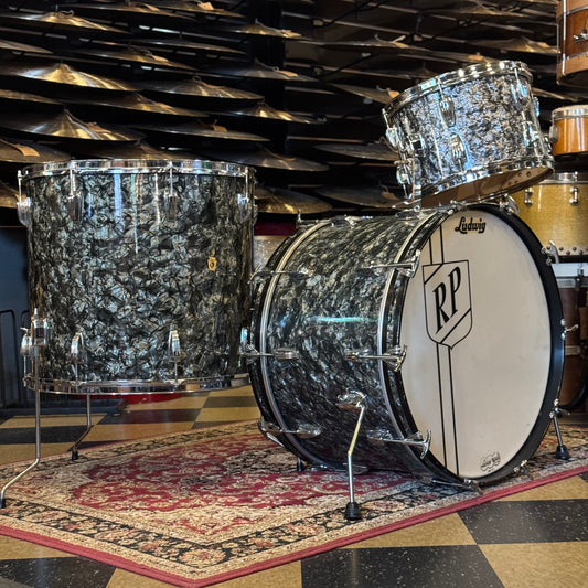 VINTAGE 1960's Ludwig Keystone Badge Drum Set in Black Diamond Pearl - 14x22, 9x13, 18x20