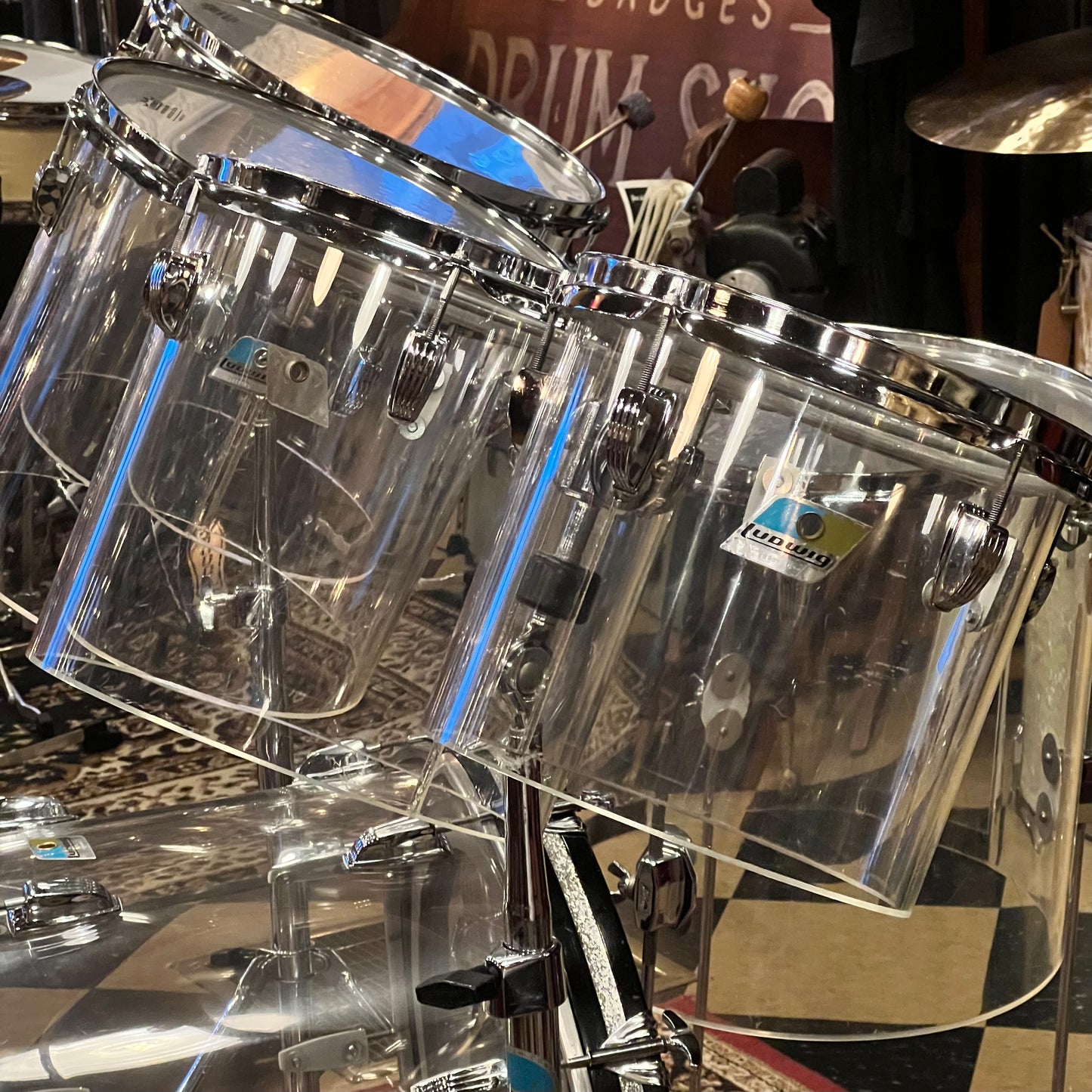 VINTAGE 1978-84 Ludwig Vistalite Sound Projector Two in Clear Acrylic - 14x22, 9x10, 11x12, 12x13, 13x14, 16x16