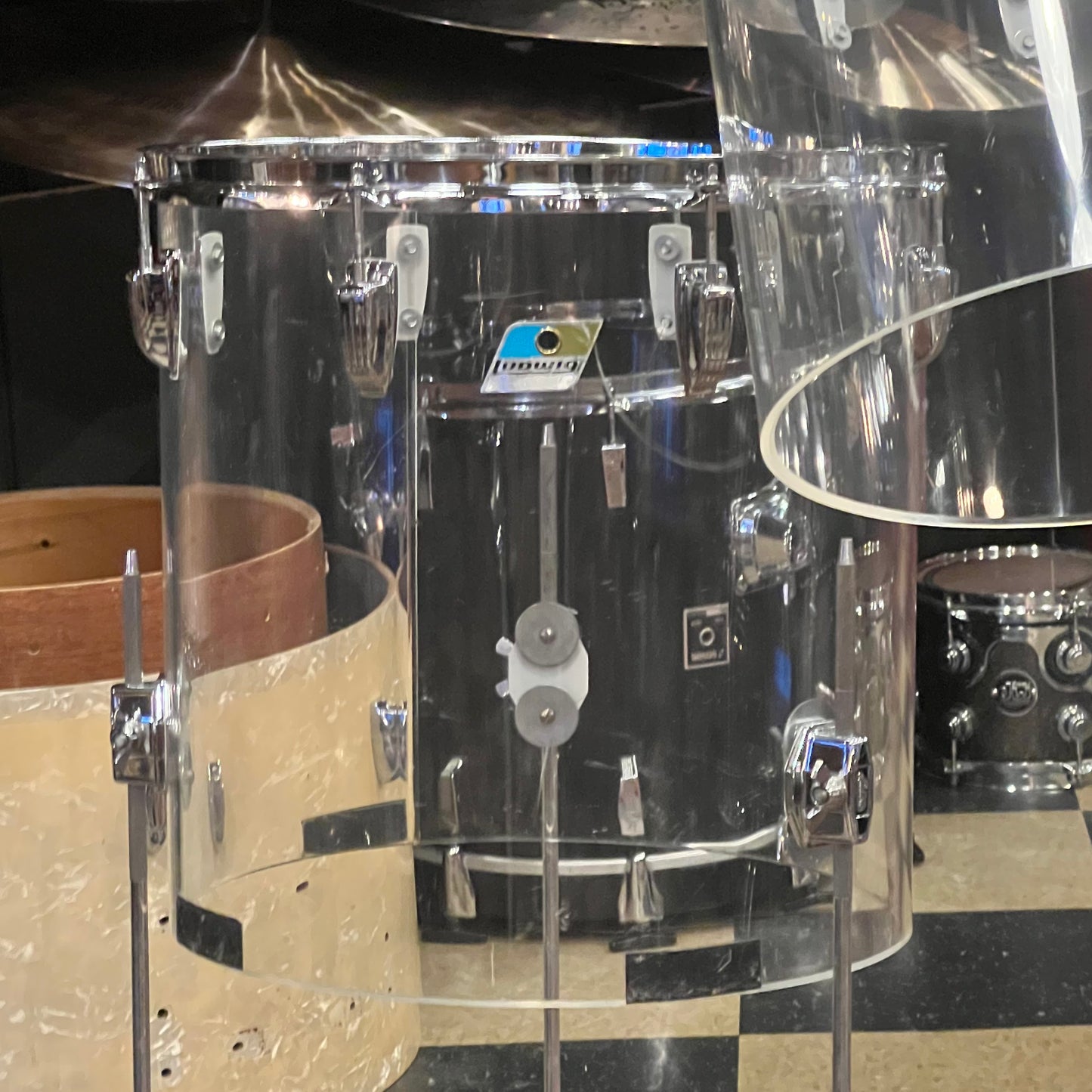 VINTAGE 1978-84 Ludwig Vistalite Sound Projector Two in Clear Acrylic - 14x22, 9x10, 11x12, 12x13, 13x14, 16x16