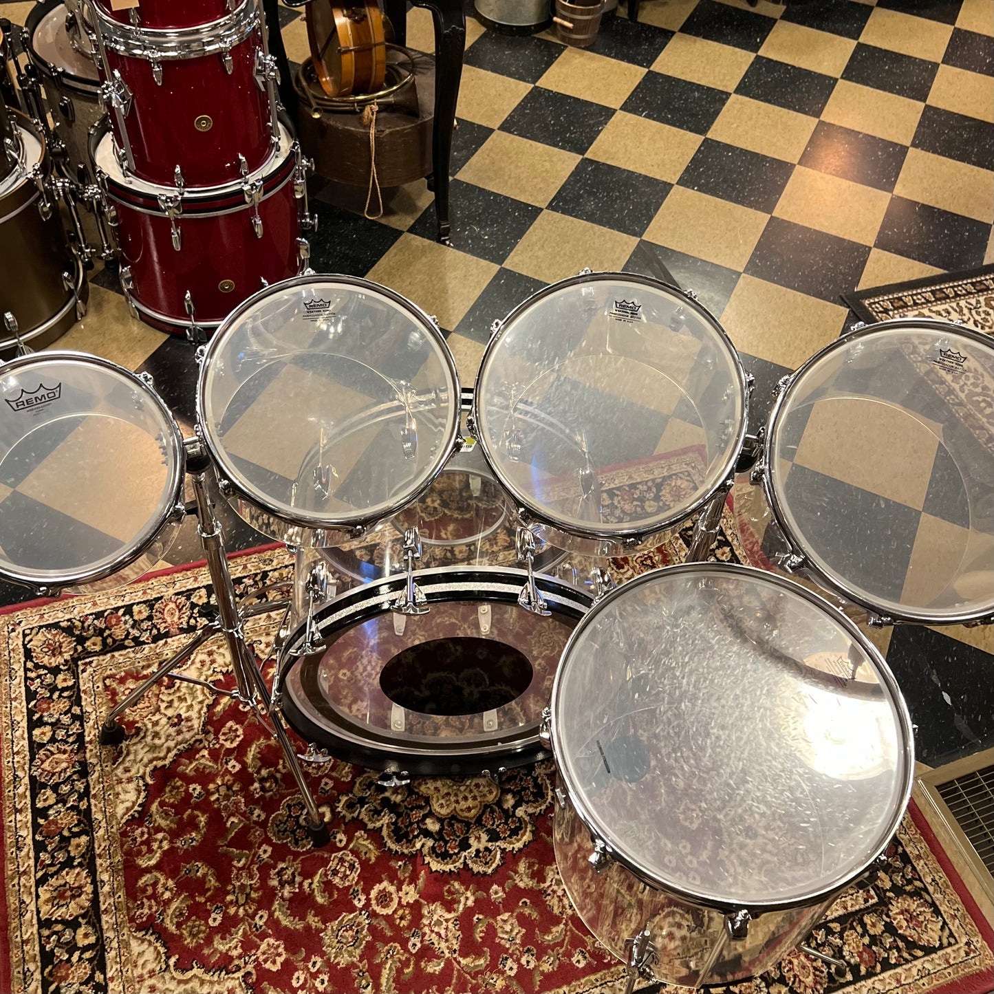 VINTAGE 1978-84 Ludwig Vistalite Sound Projector Two in Clear Acrylic - 14x22, 9x10, 11x12, 12x13, 13x14, 16x16