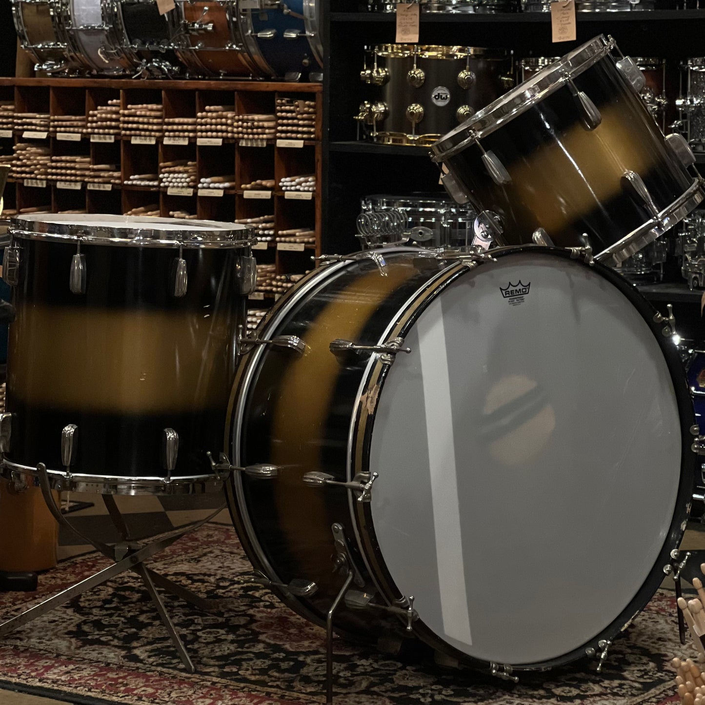 BALANCE DUE:1948 Slingerland Radio King In Black & Gold Duco 14x26, 12x14, 16x16 w/ Cradle