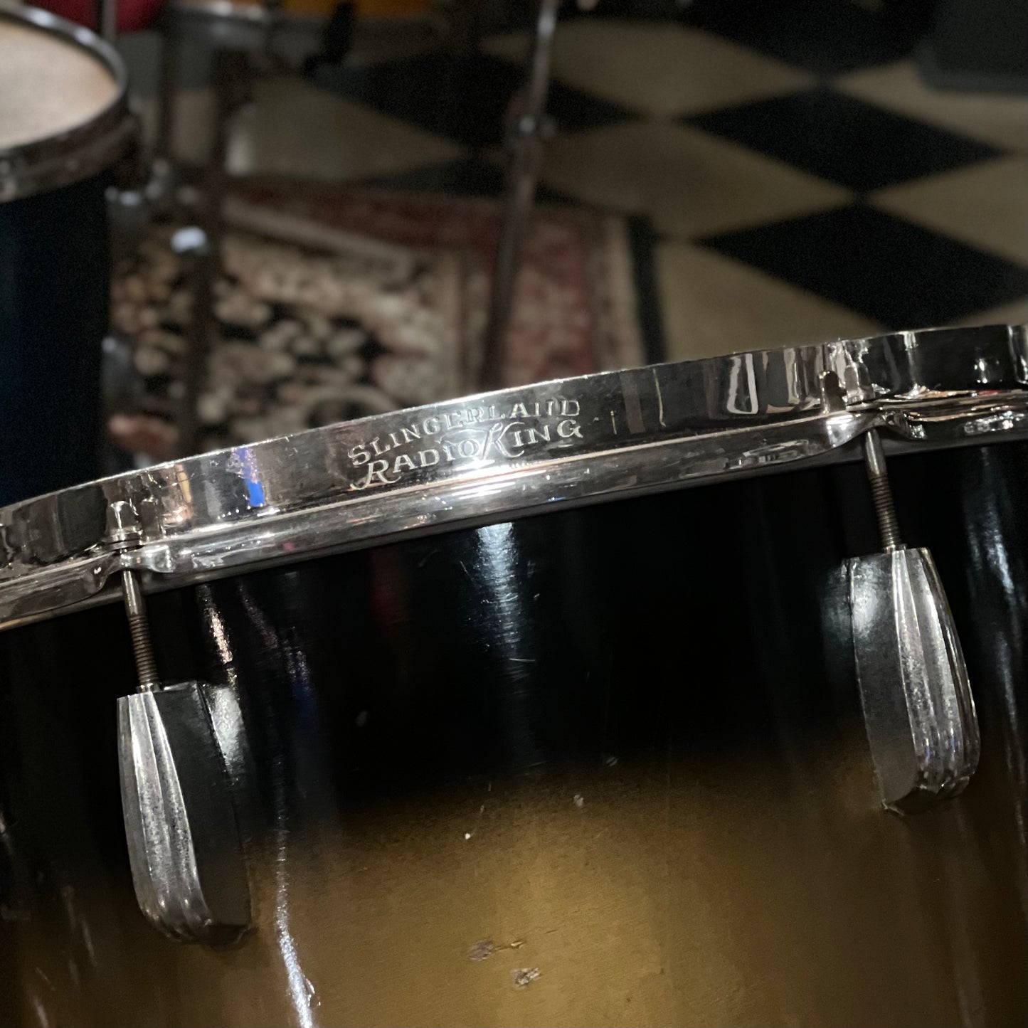 BALANCE DUE:1948 Slingerland Radio King In Black & Gold Duco 14x26, 12x14, 16x16 w/ Cradle