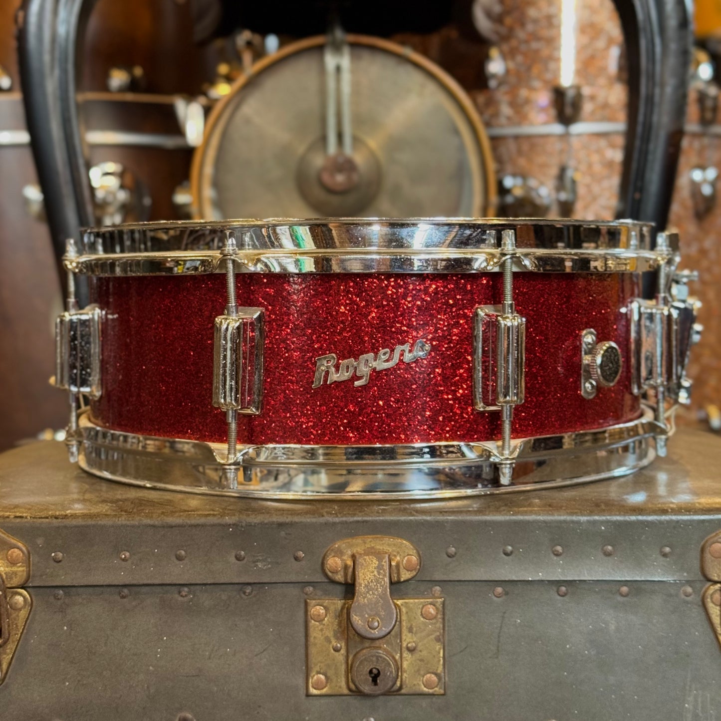 VINTAGE 1960's Rogers 5x14 Dayton Era Powertone Snare Drum in Red Sparkle