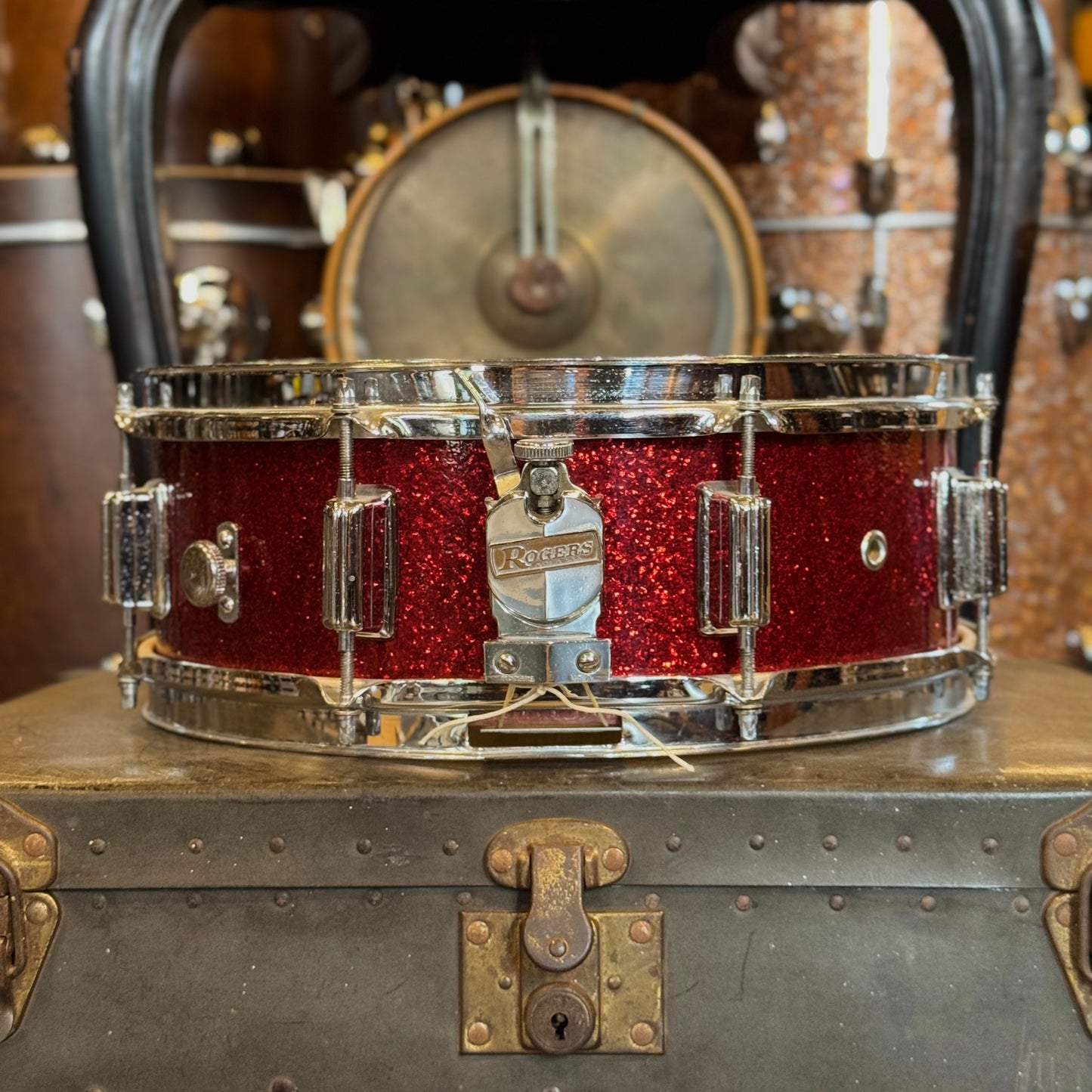 VINTAGE 1960's Rogers 5x14 Dayton Era Powertone Snare Drum in Red Sparkle