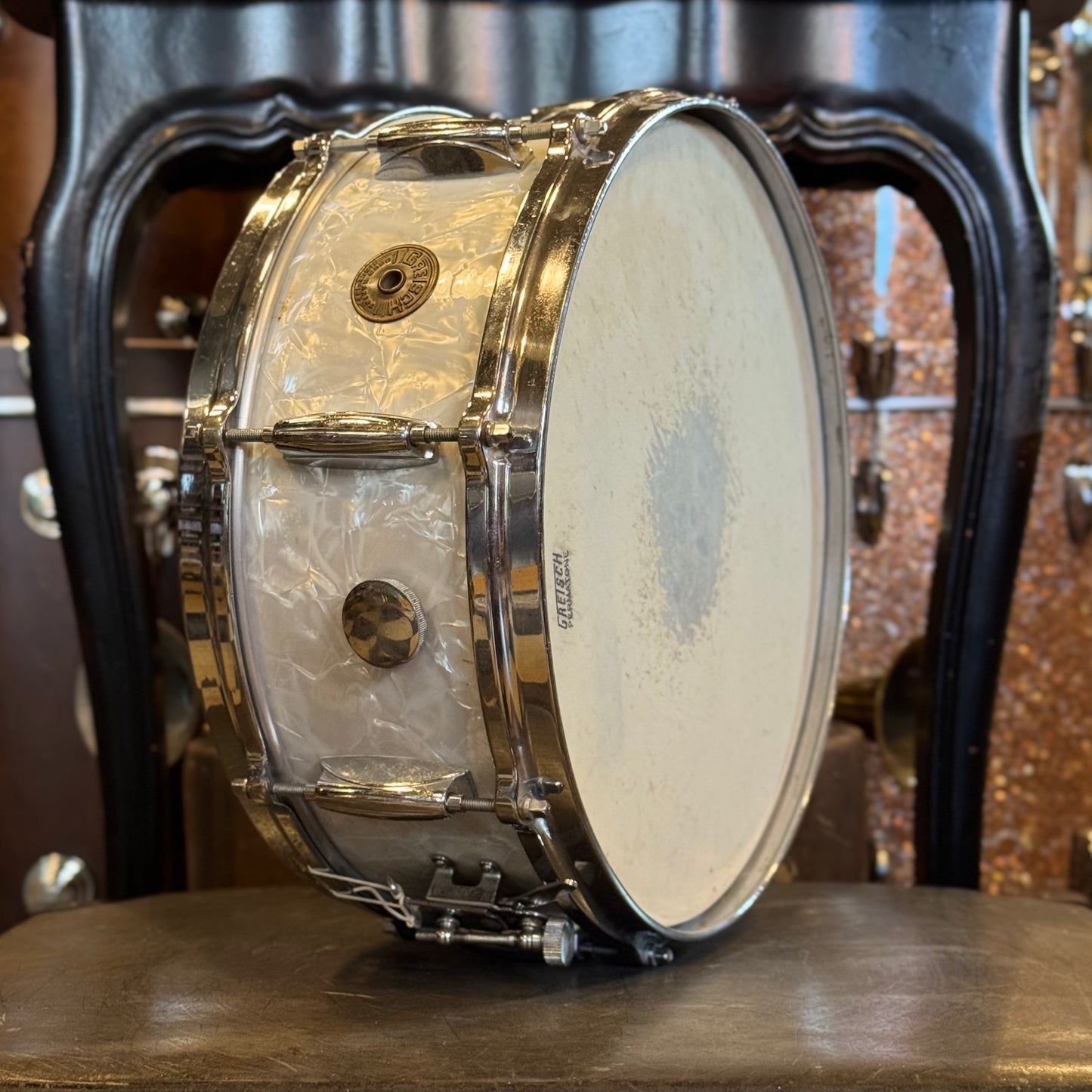 VINTAGE 1960's Gretsch 5.5x14 Renown Snare Drum in White Marine Pearl