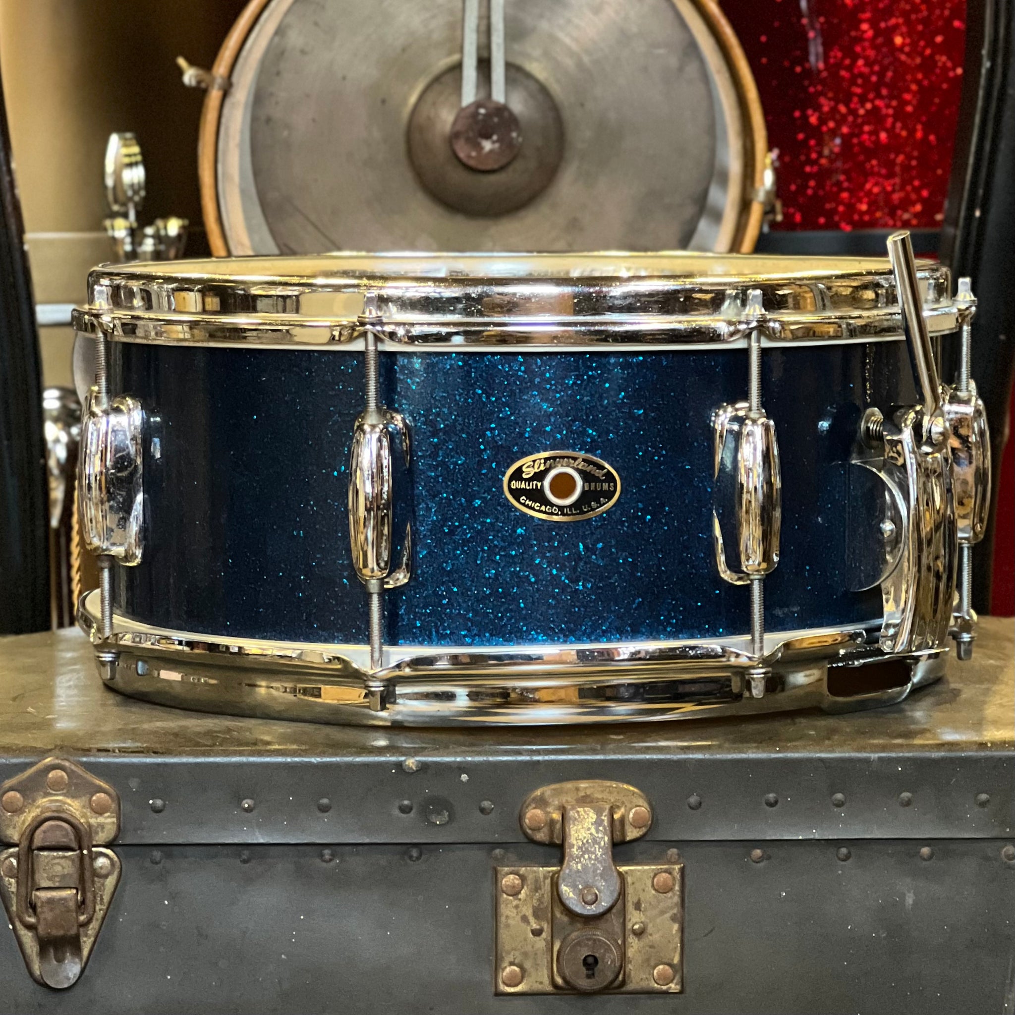 VINTAGE 1950's Slingerland 5.5x14 Radio King Gene Krupa Solid Shell Snare Drum in Blue Sparkle