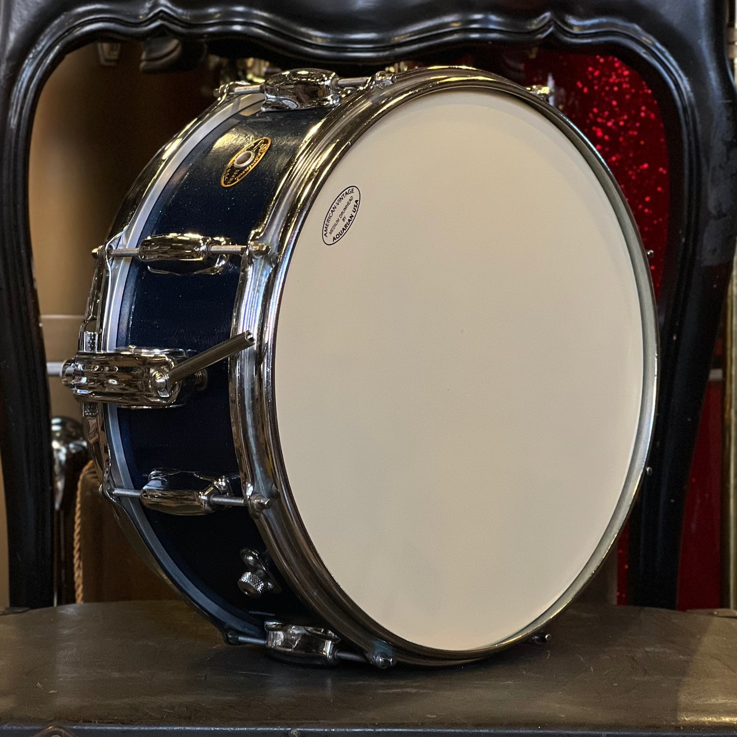 VINTAGE 1950's Slingerland 5.5x14 Radio King Gene Krupa Solid Shell Snare Drum in Blue Sparkle