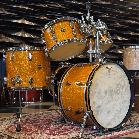 USED Early 2000's Fibes Austin Era Jasper Shell Drum set in Gold Sparkle - 12x20, 7x10, 8x12, 12x15