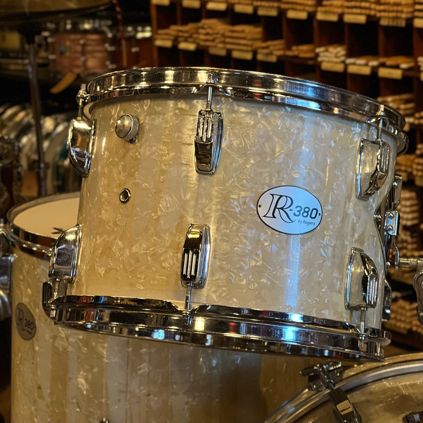 VINTAGE 1960's Rogers R-380 Drumset in White Marine Pearl - 14x22, 8x12, 9x13, 16x16