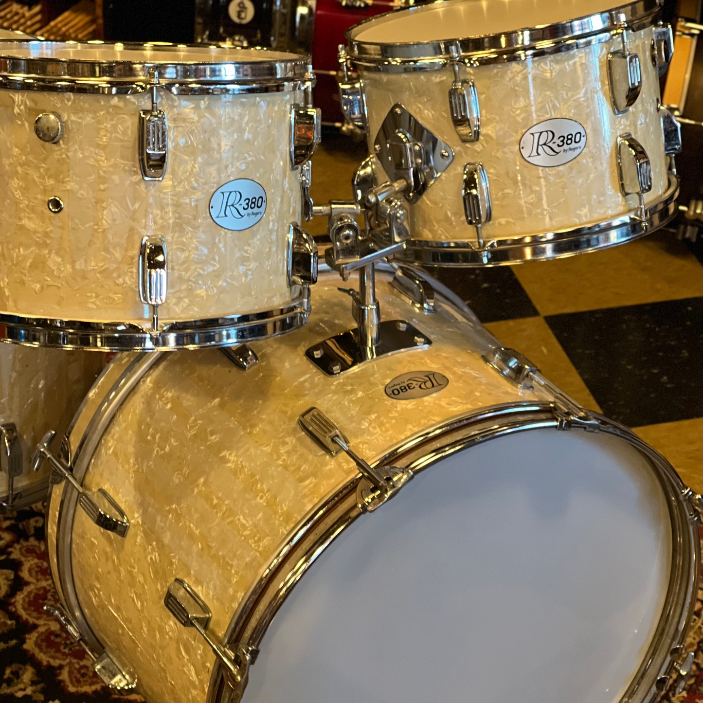 VINTAGE 1960's Rogers R-380 Drumset in White Marine Pearl - 14x22, 8x12, 9x13, 16x16
