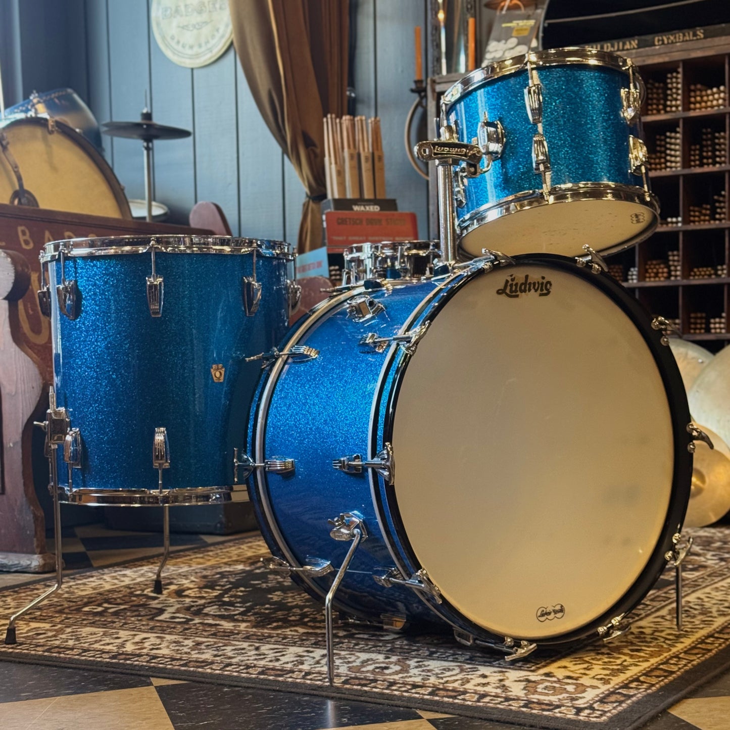 VINTAGE 1964 Ludwig Classic Outfit in Blue Sparkle - 14x22, 9x13, 16x16, 5x14 Ludwig Supersensitive