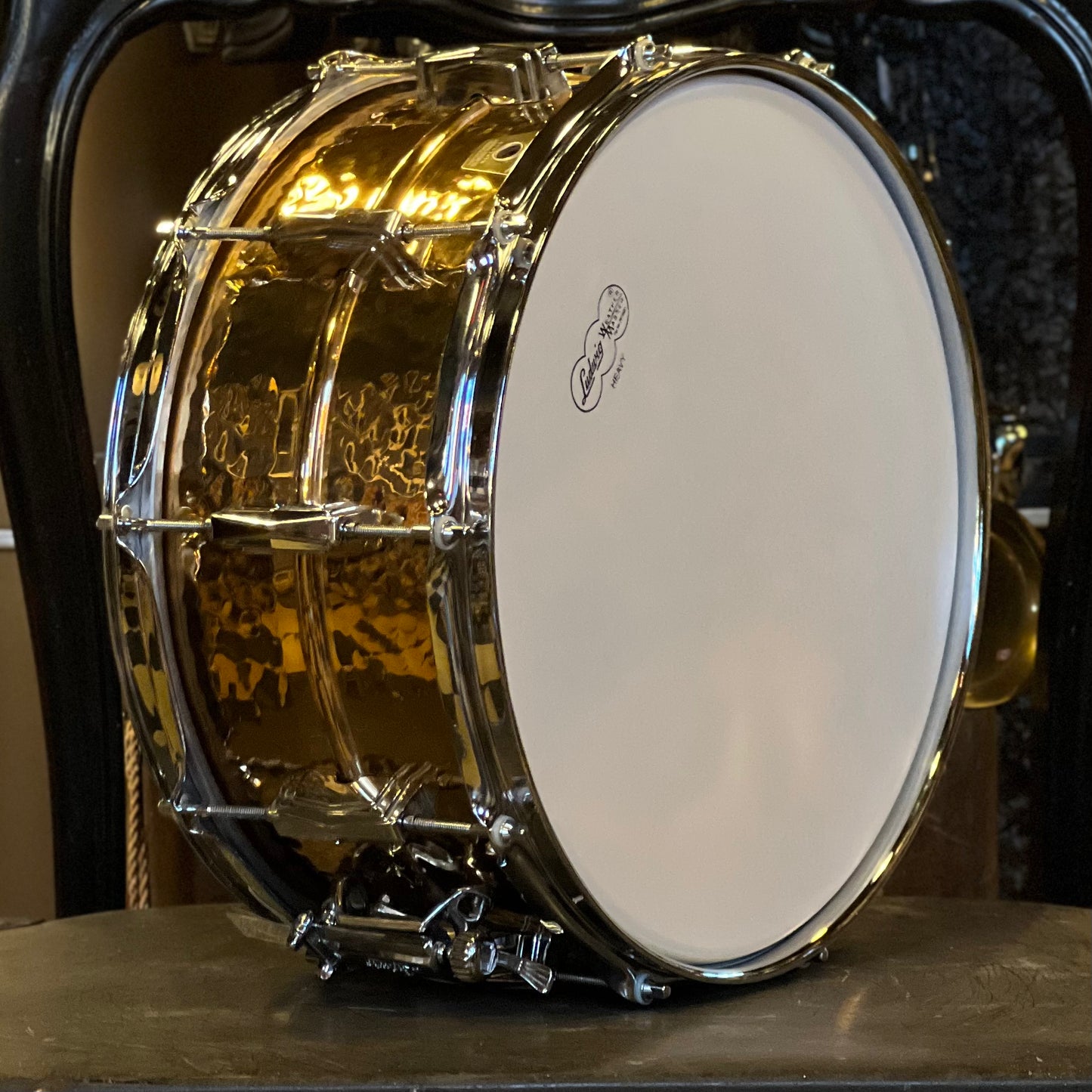 USED 90's Ludwig 6.5x14 Monroe Badge Hammered Bronze Snare Drum