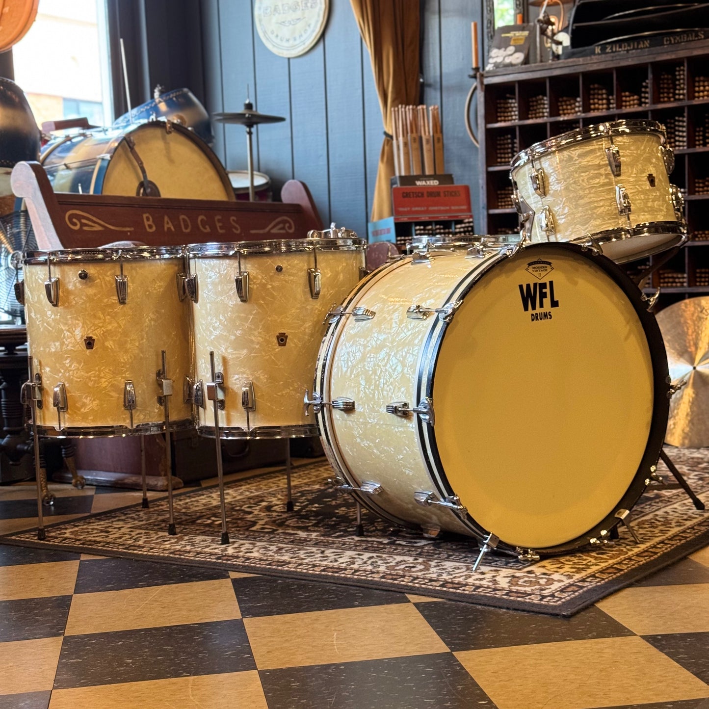 VINTAGE 1950's WFL Drum Set in White Marine Pearl - 14x24, 9x13, 16x16, 16x16, 6.5x14