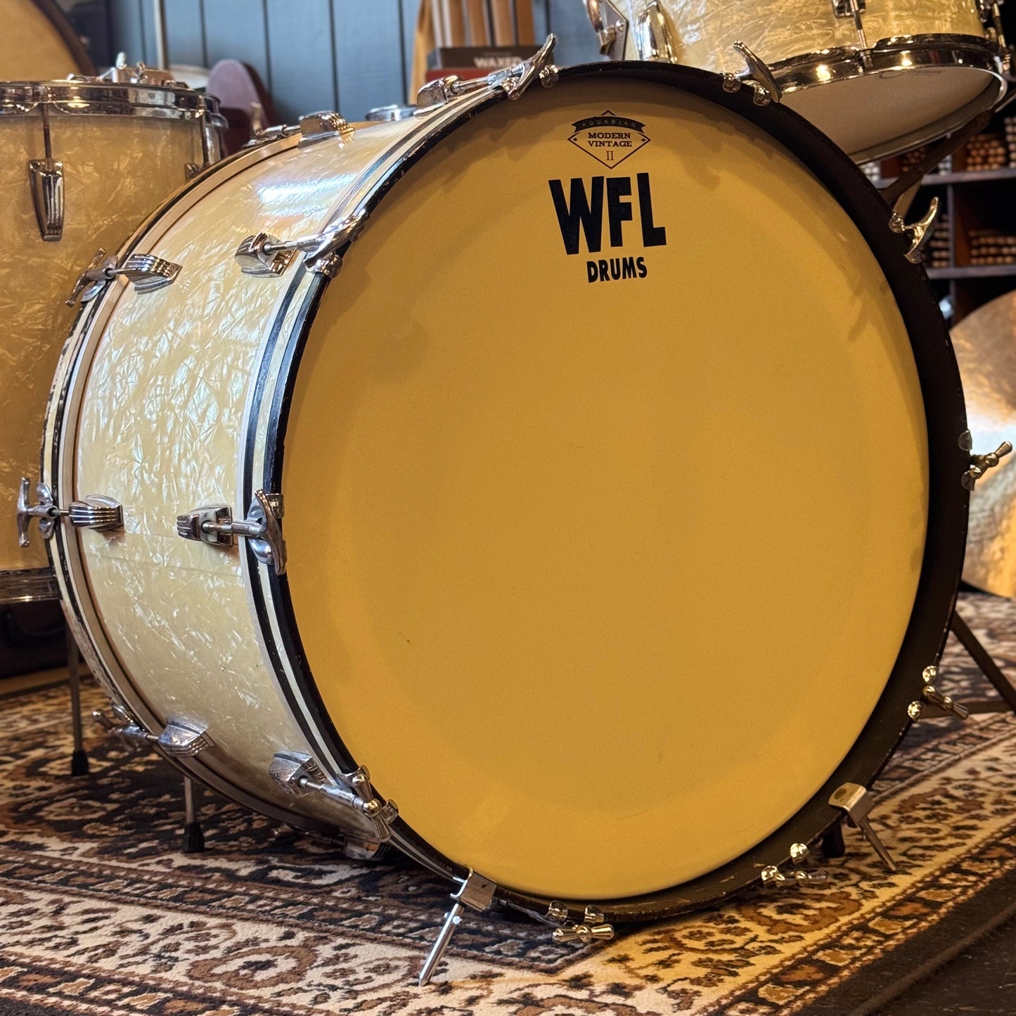 VINTAGE 1950's WFL Drum Set in White Marine Pearl - 14x24, 9x13, 16x16, 16x16, 6.5x14
