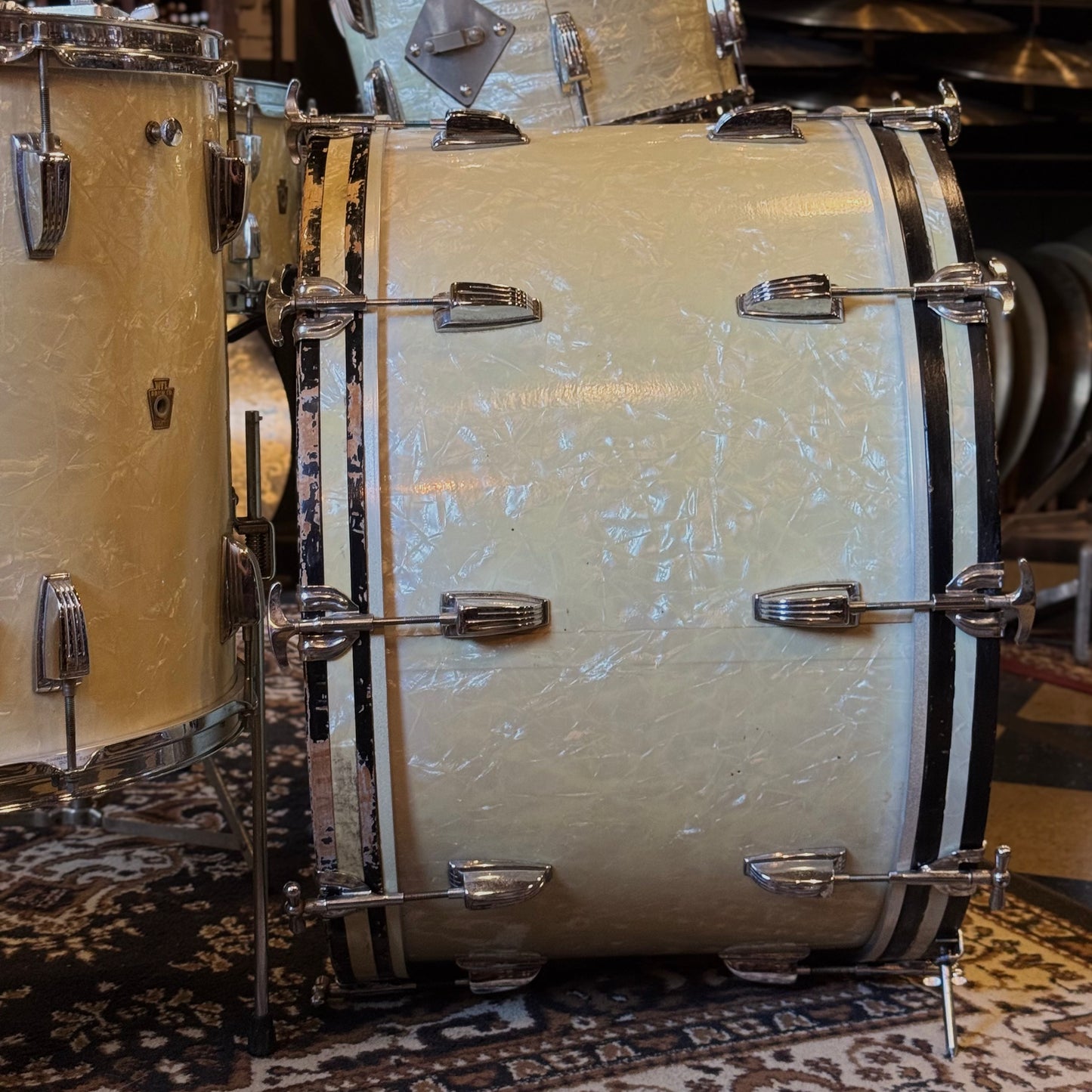 VINTAGE 1950's WFL Drum Set in White Marine Pearl - 14x24, 9x13, 16x16, 16x16, 6.5x14