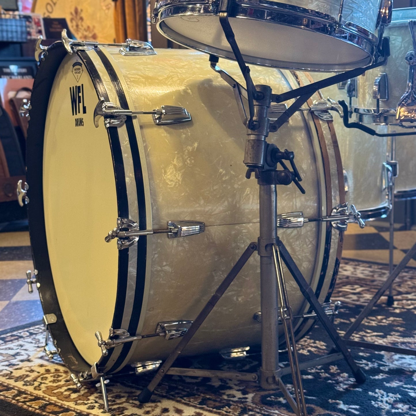 VINTAGE 1950's WFL Drum Set in White Marine Pearl - 14x24, 9x13, 16x16, 16x16, 6.5x14