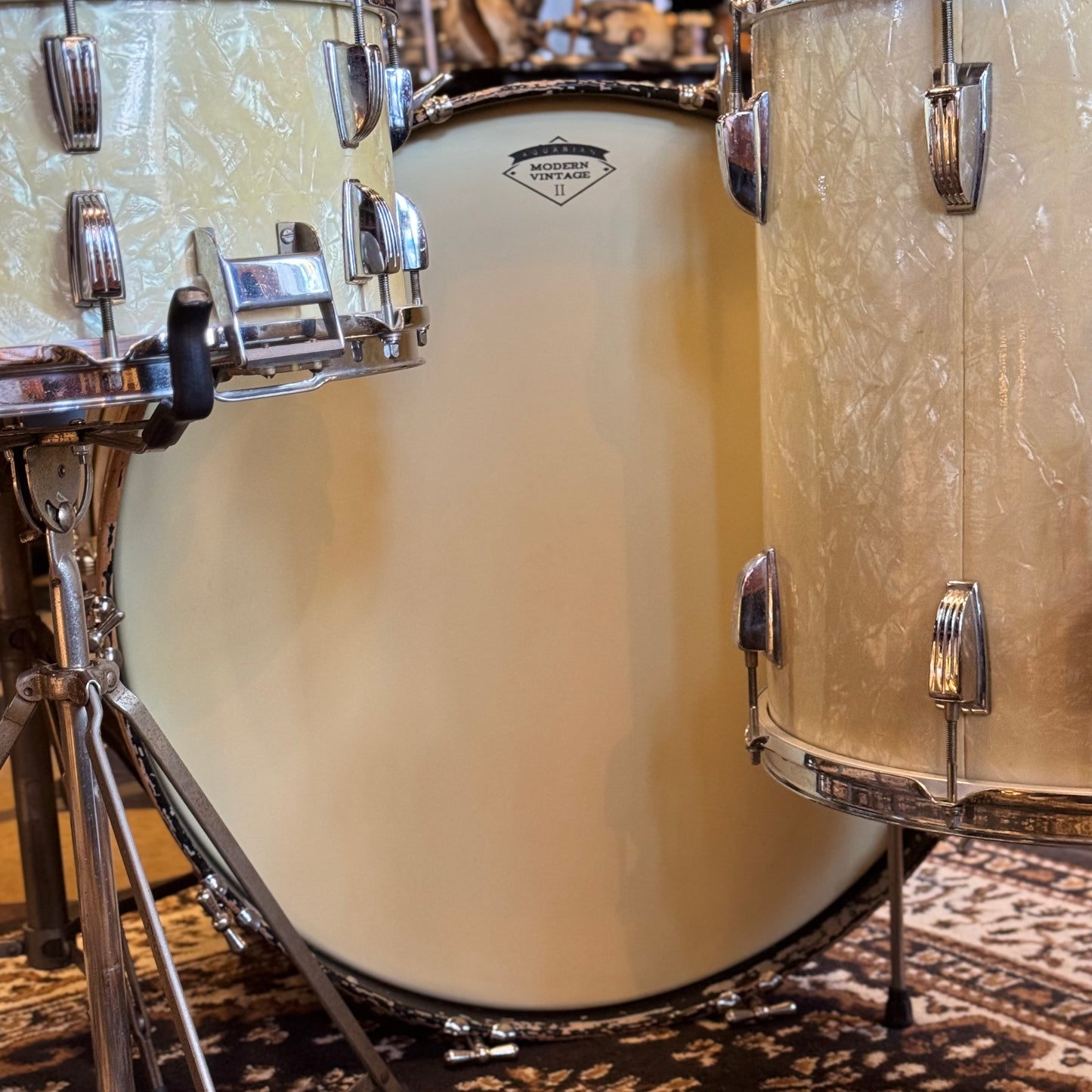 VINTAGE 1950's WFL Drum Set in White Marine Pearl - 14x24, 9x13, 16x16, 16x16, 6.5x14