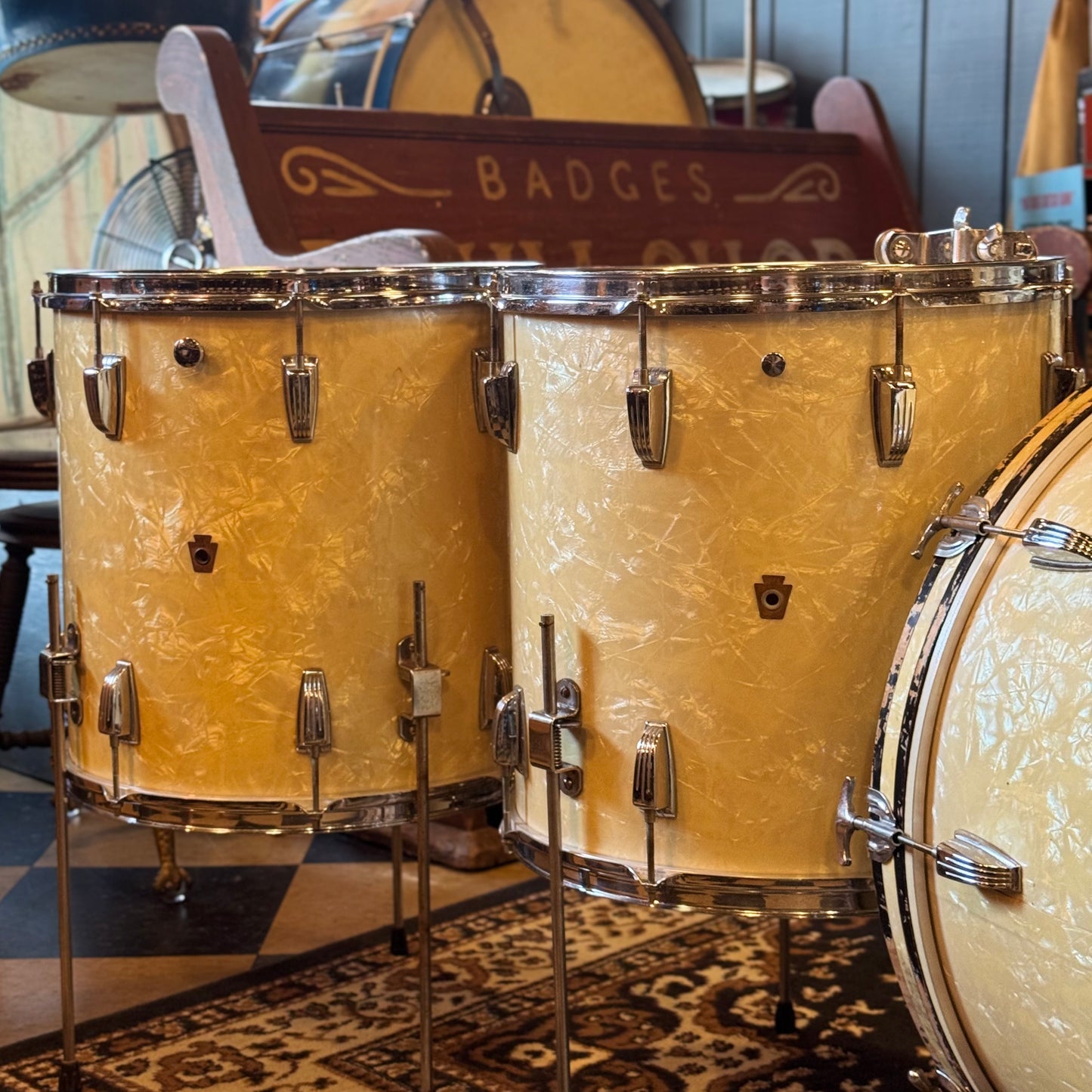 VINTAGE 1950's WFL Drum Set in White Marine Pearl - 14x24, 9x13, 16x16, 16x16, 6.5x14