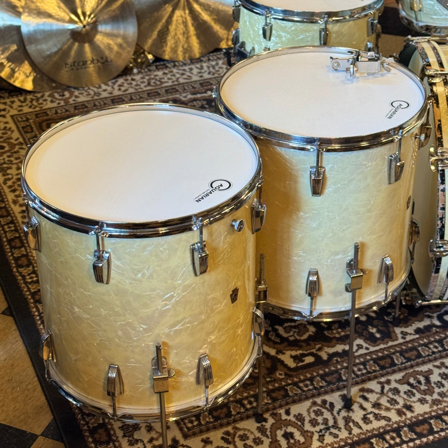 VINTAGE 1950's WFL Drum Set in White Marine Pearl - 14x24, 9x13, 16x16, 16x16, 6.5x14
