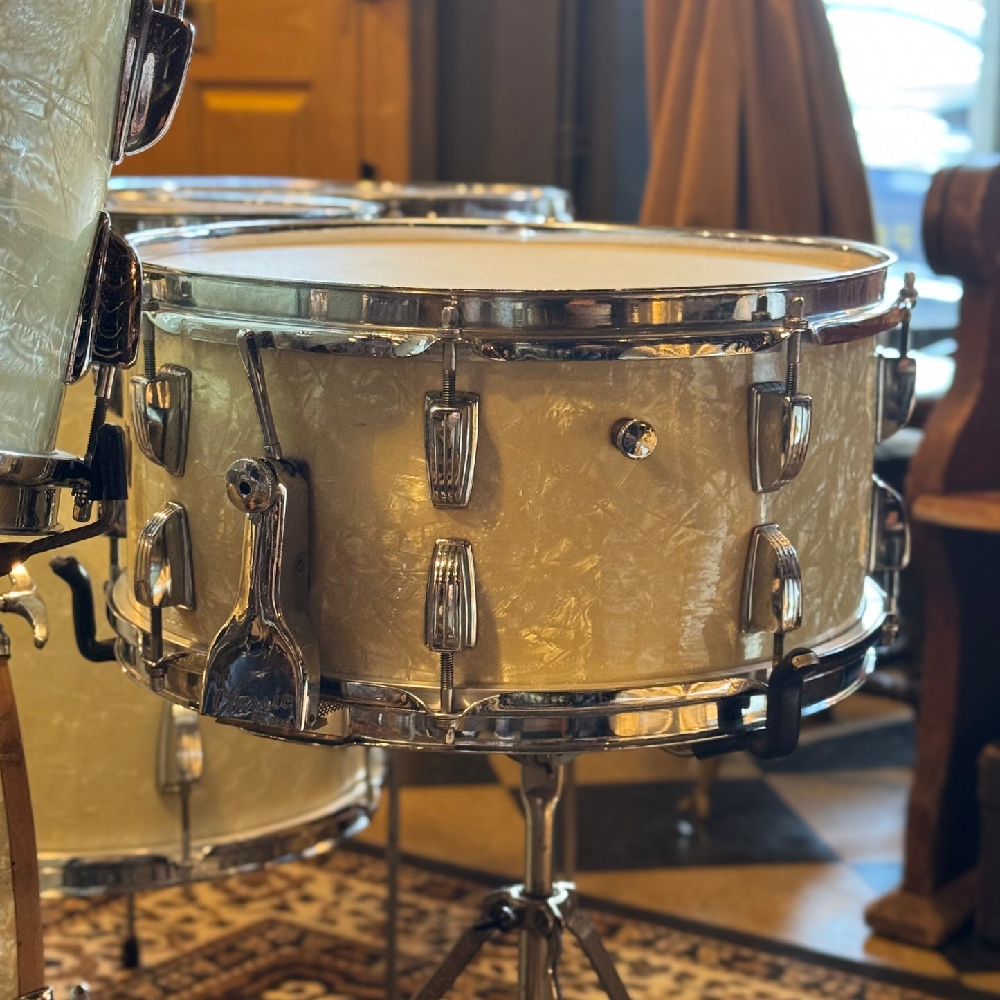 VINTAGE 1950's WFL Drum Set in White Marine Pearl - 14x24, 9x13, 16x16, 16x16, 6.5x14