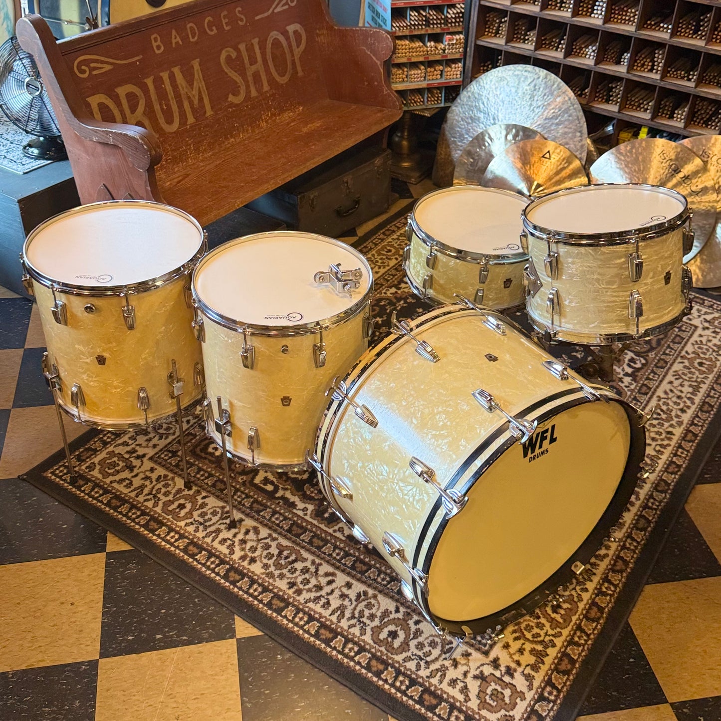 VINTAGE 1950's WFL Drum Set in White Marine Pearl - 14x24, 9x13, 16x16, 16x16, 6.5x14